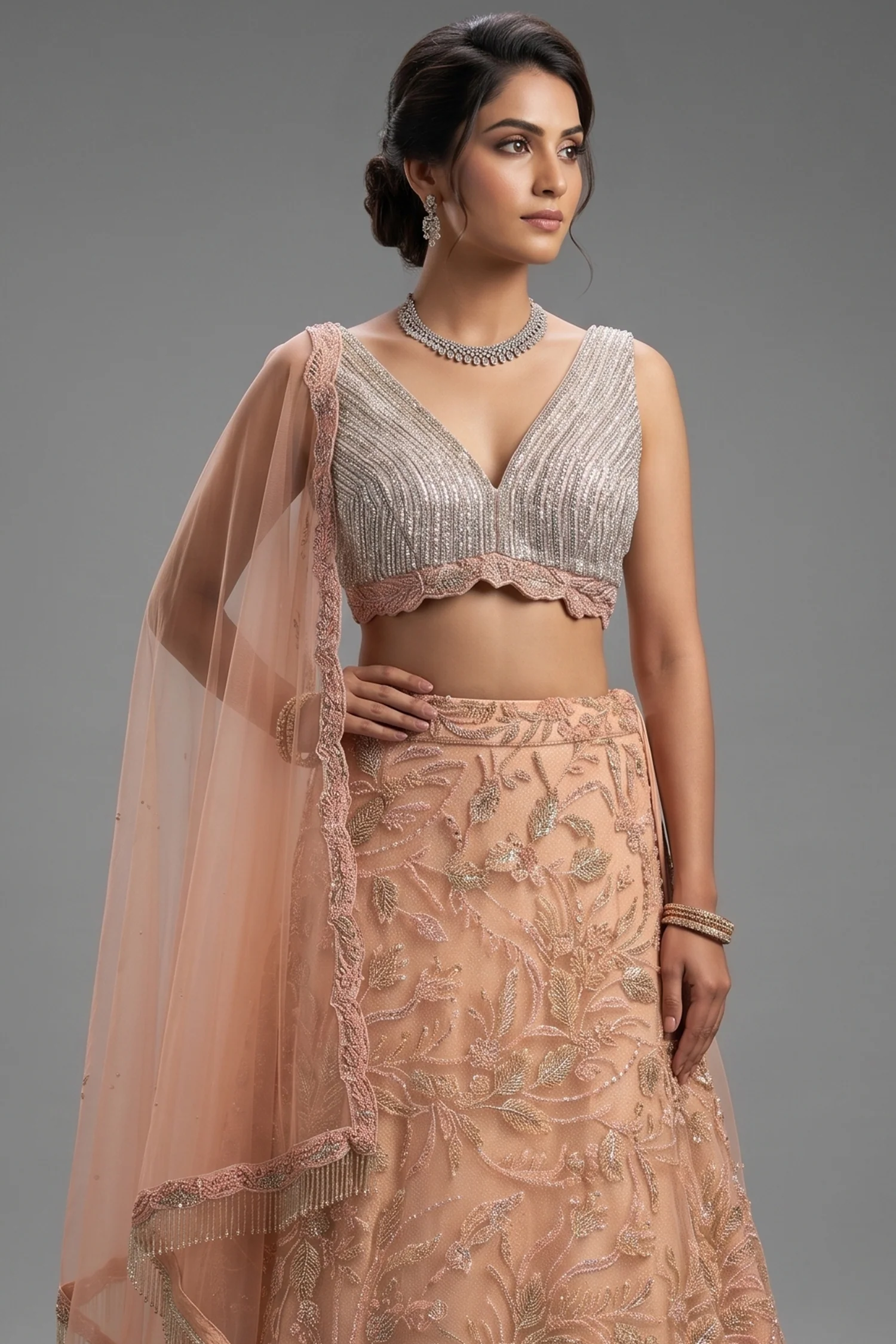 Pink Lycra Net Shimmer Designer Handworked Lehenga - Image 2