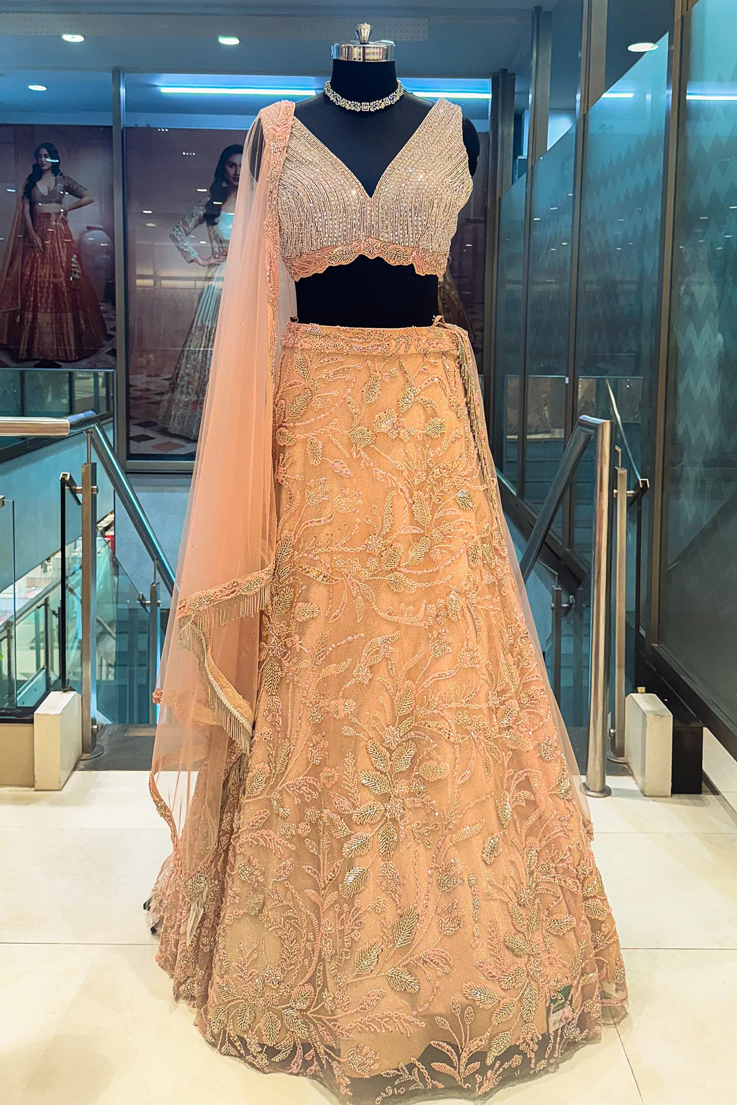 Pink Lycra Net Shimmer Designer Handworked Lehenga - Image 3
