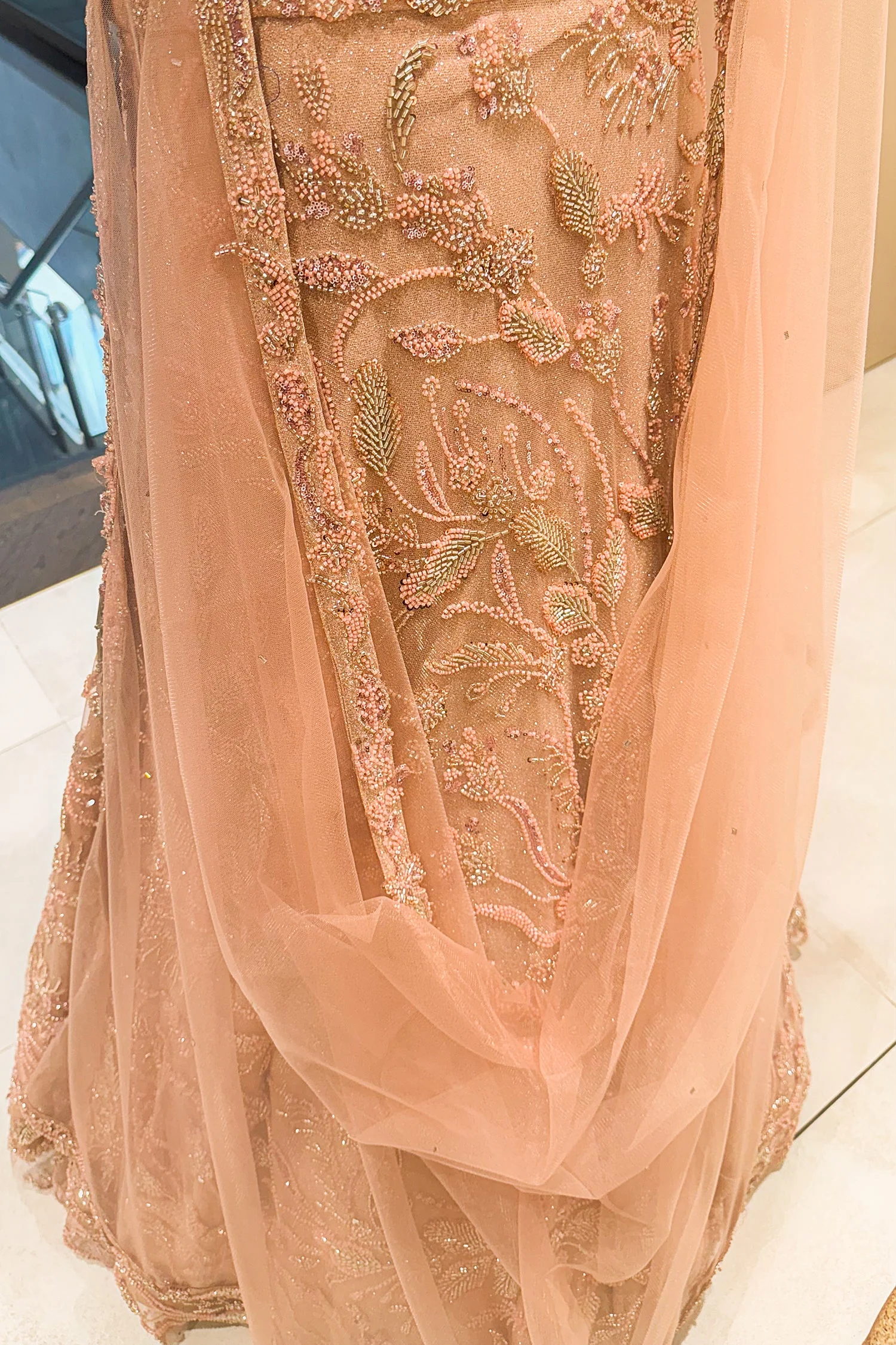 Pink Lycra Net Shimmer Designer Handworked Lehenga - Image 5