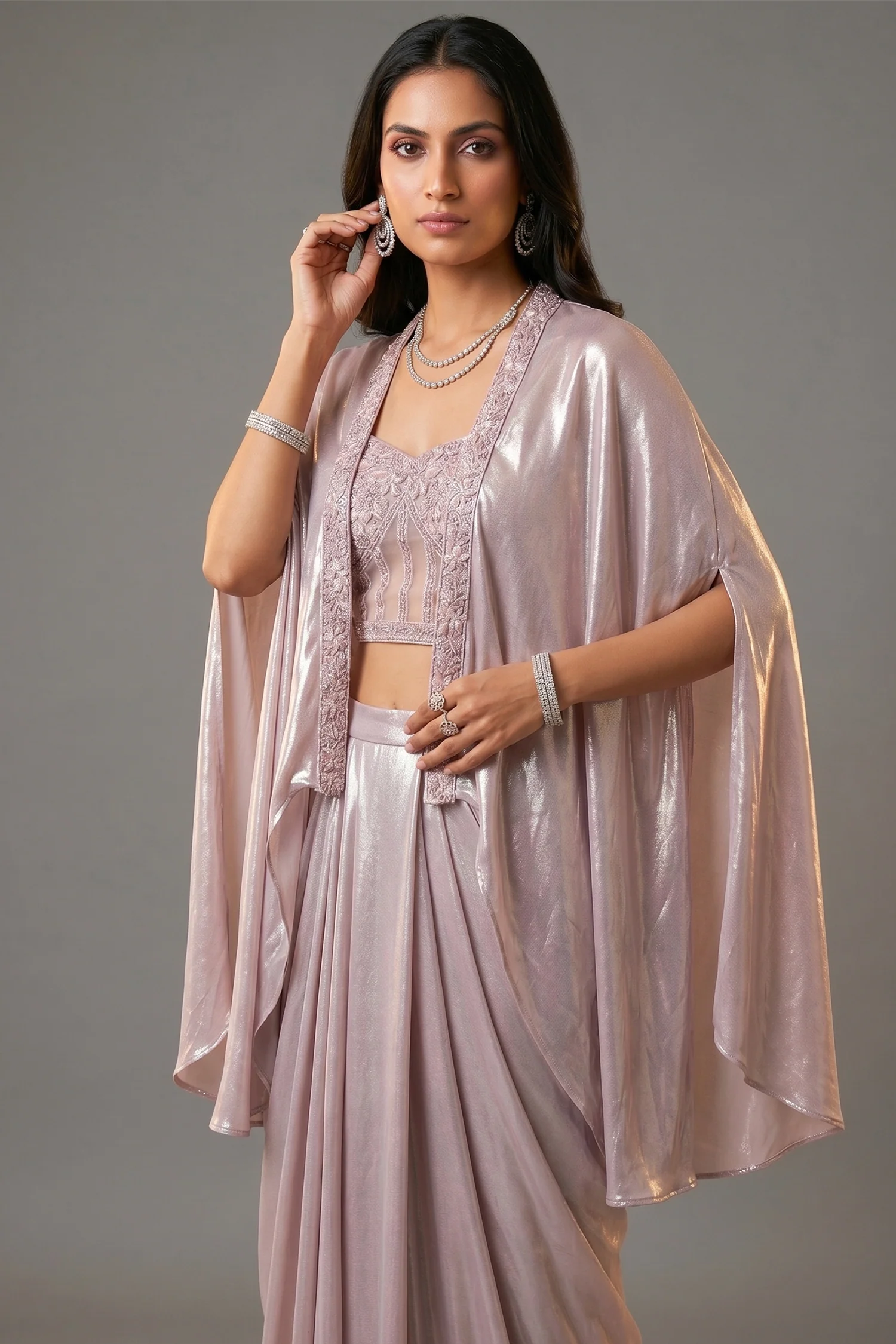 Pink Net Beaded and Sequin Worked Corset Skirt Set with Cape Jacket - Image 2
