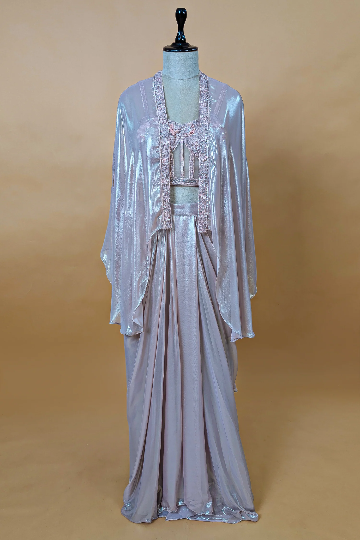 Pink Net Beaded and Sequin Worked Corset Skirt Set with Cape Jacket - Image 3