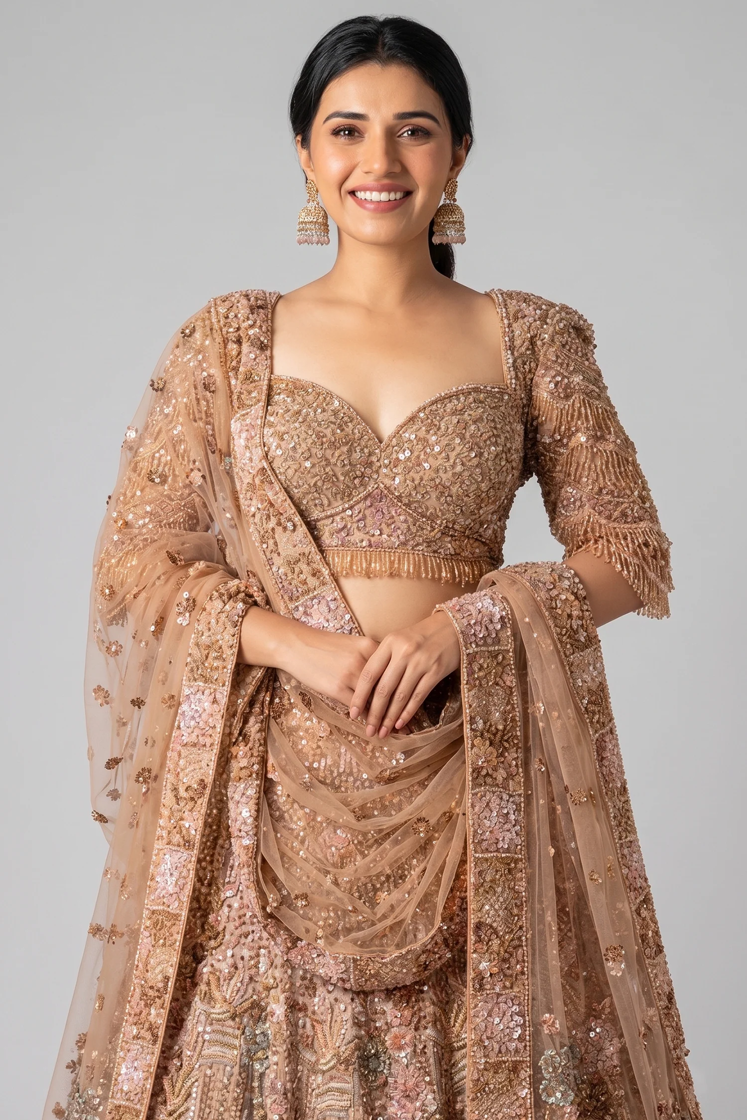 Pink Net Designer Sequin Cutdana and Beaded Lehenga - Image 2