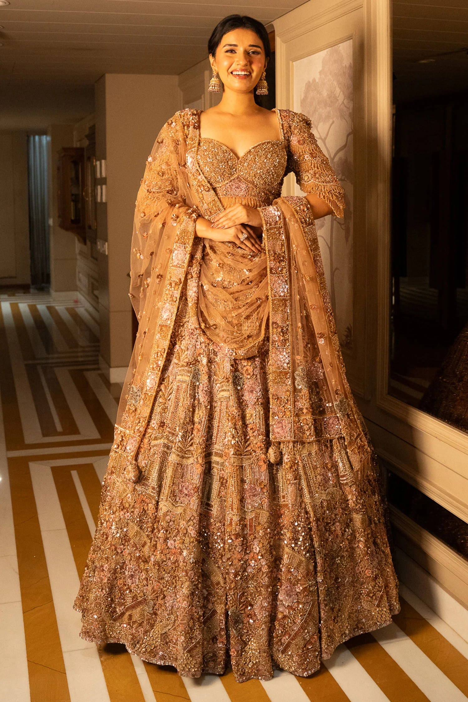 Pink Net Designer Sequin Cutdana and Beaded Lehenga - Image 3