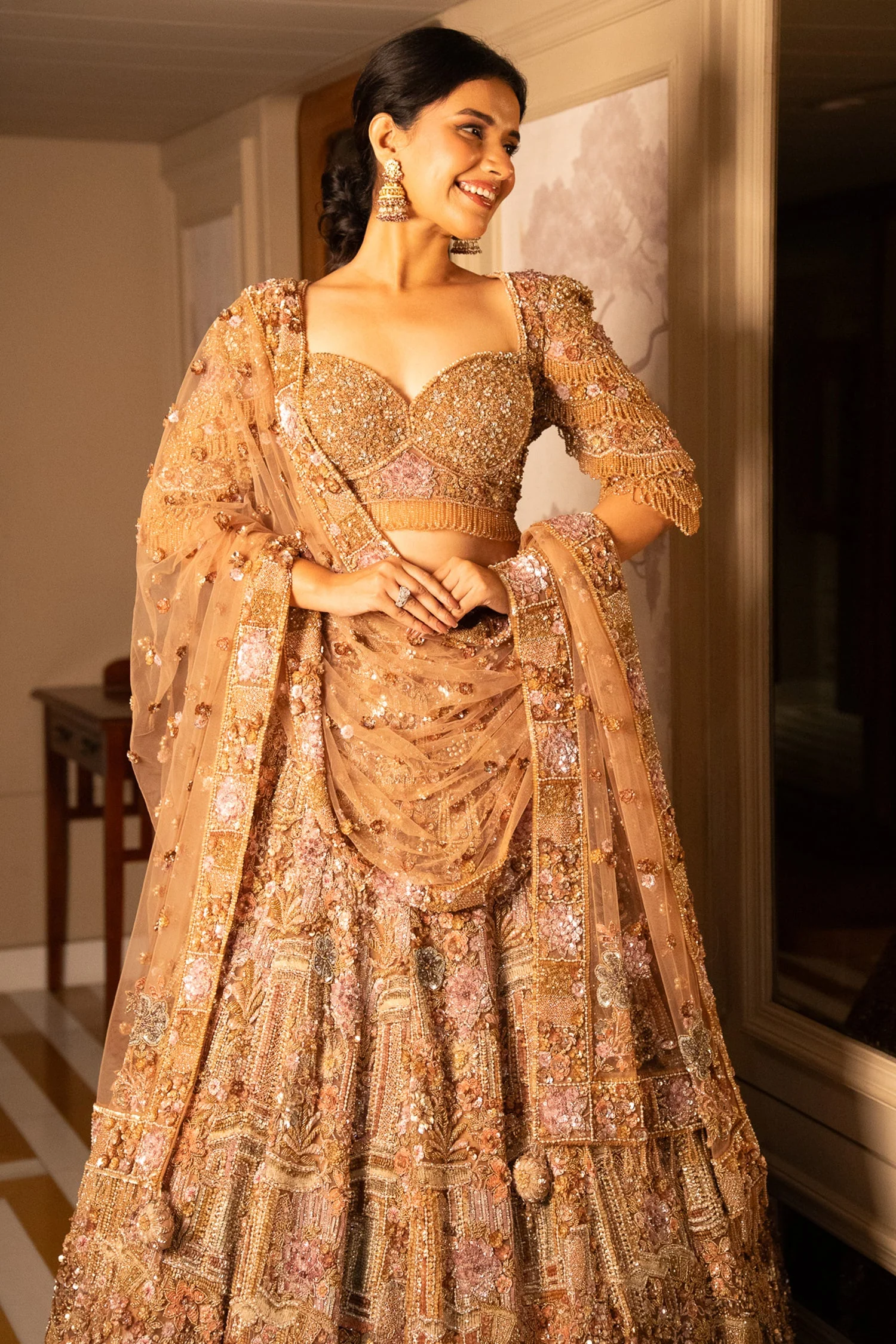 Pink Net Designer Sequin Cutdana and Beaded Lehenga - Image 5