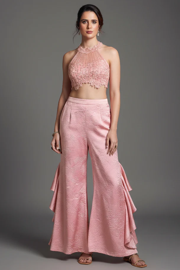 Pink Net Sequins Cutdana Worked Halter Neck Crop Top Palazzo Set