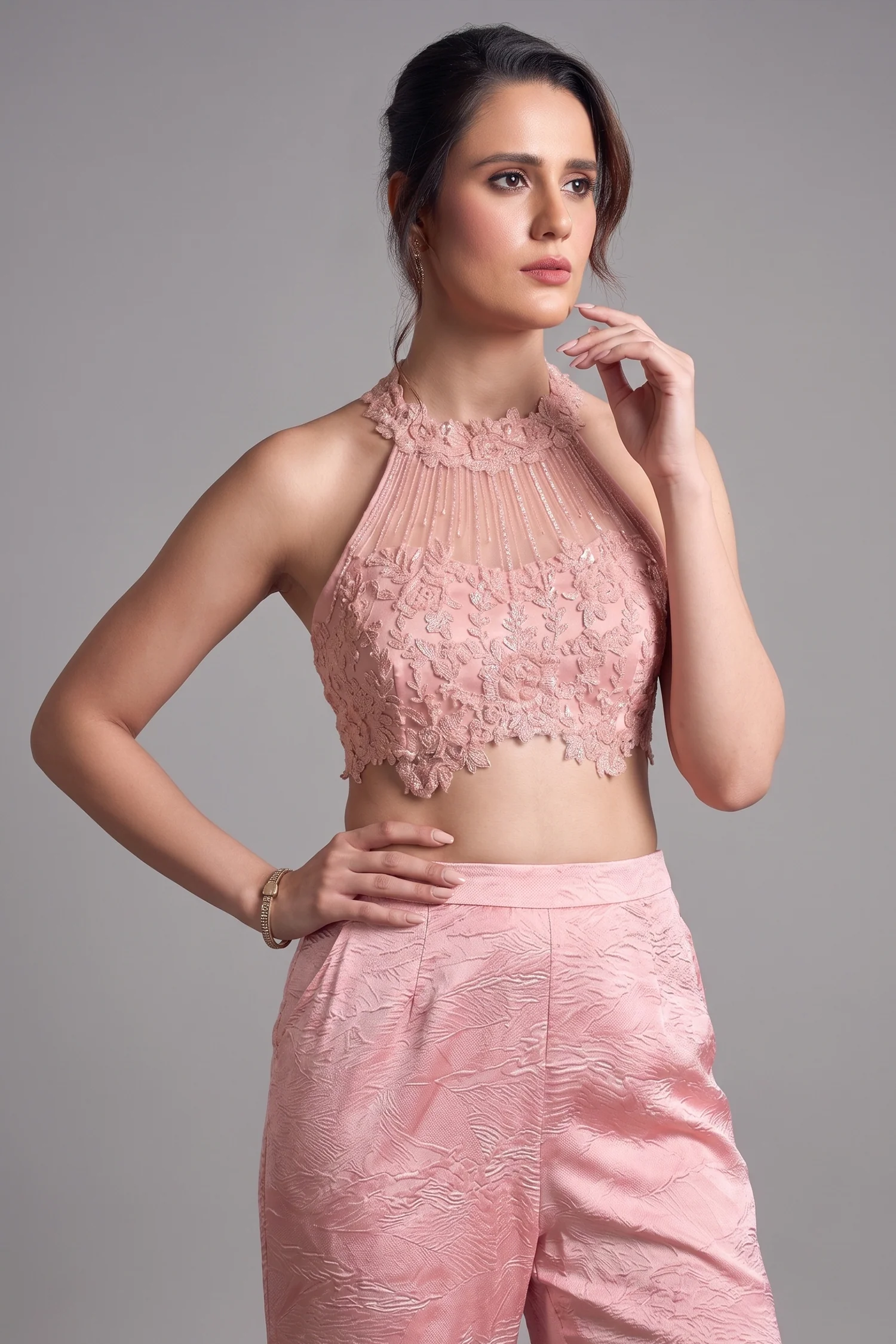 Pink Net Sequins Cutdana Worked Halter Neck Crop Top Palazzo Set - Image 2