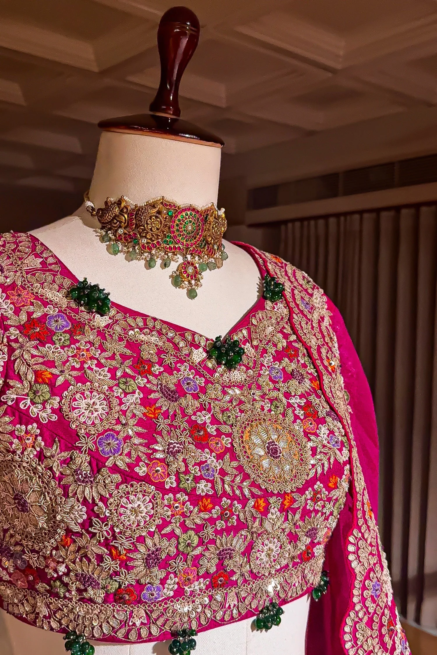 Pink Organza Lehenga with Beads and Zardosi Worked Peacock Motif Butta - Image 5
