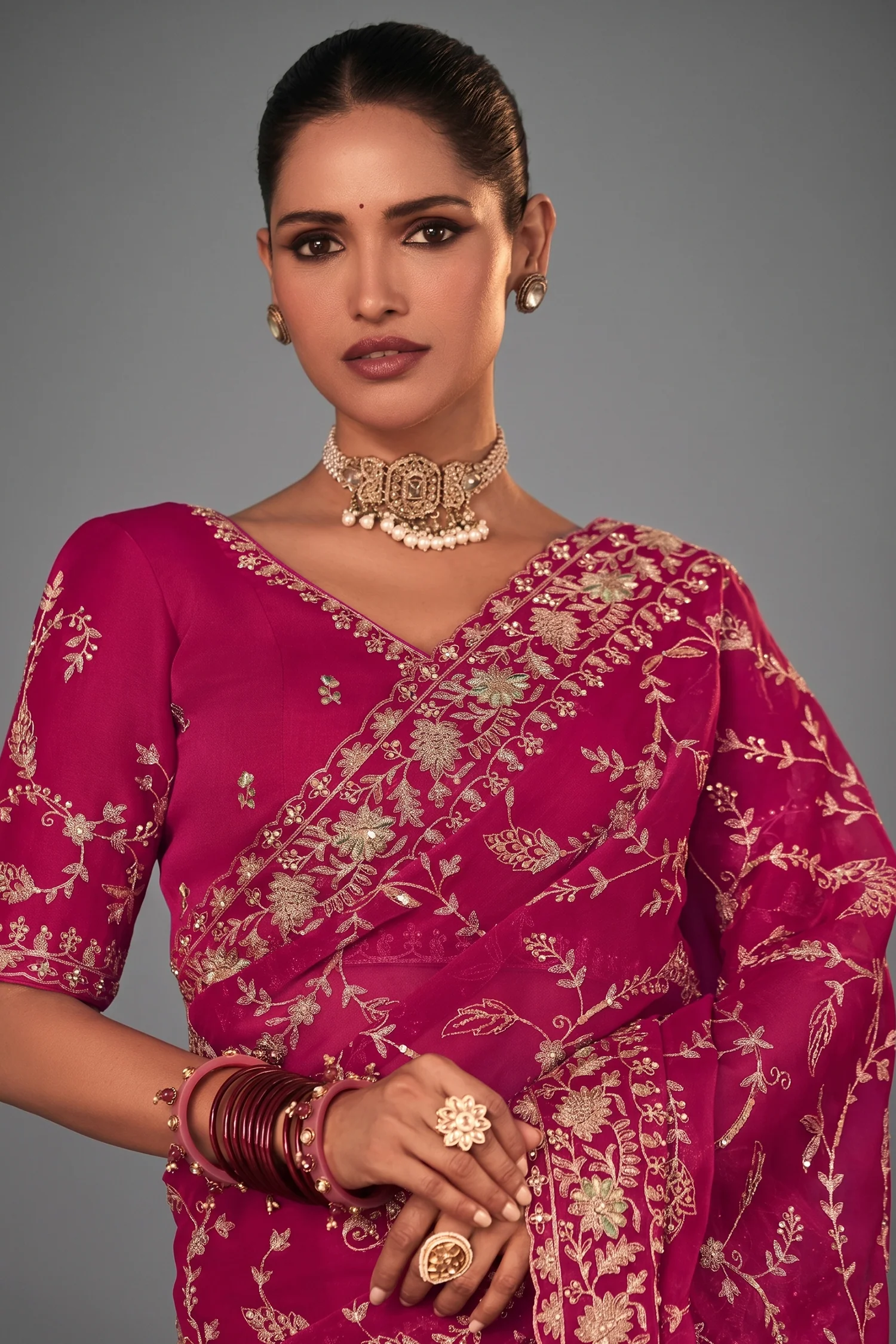 Pink Organza Saree with Sequin Embroidery Work - Image 2
