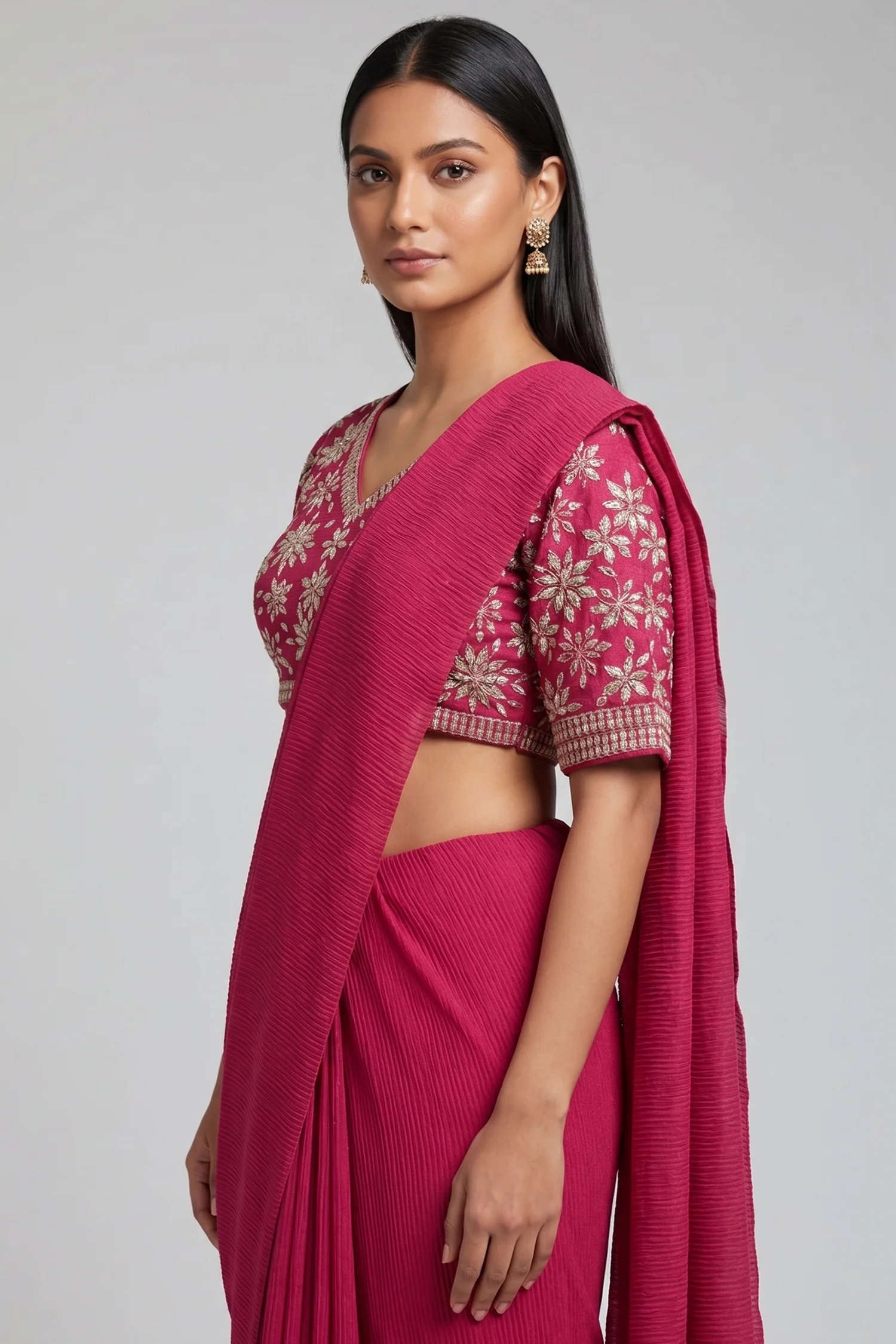 Pink Pre-Draped Saree with Embellished Floral Blouse - Image 2