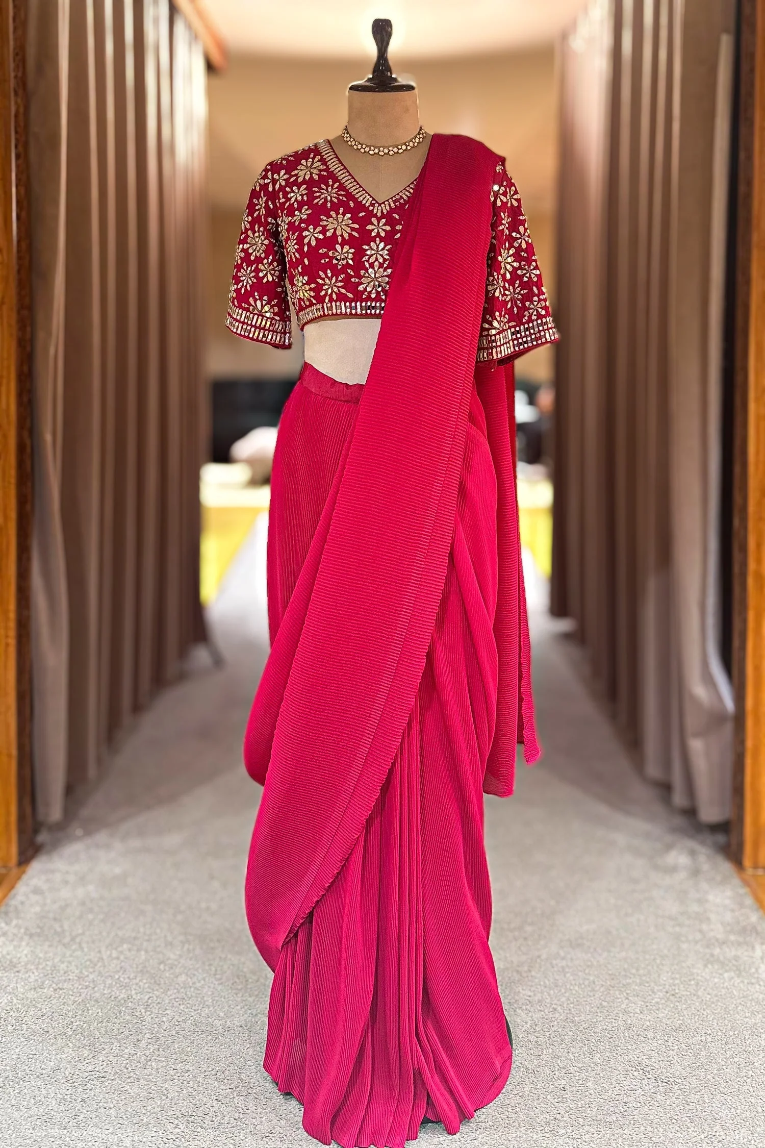 Pink Pre-Draped Saree with Embellished Floral Blouse - Image 3