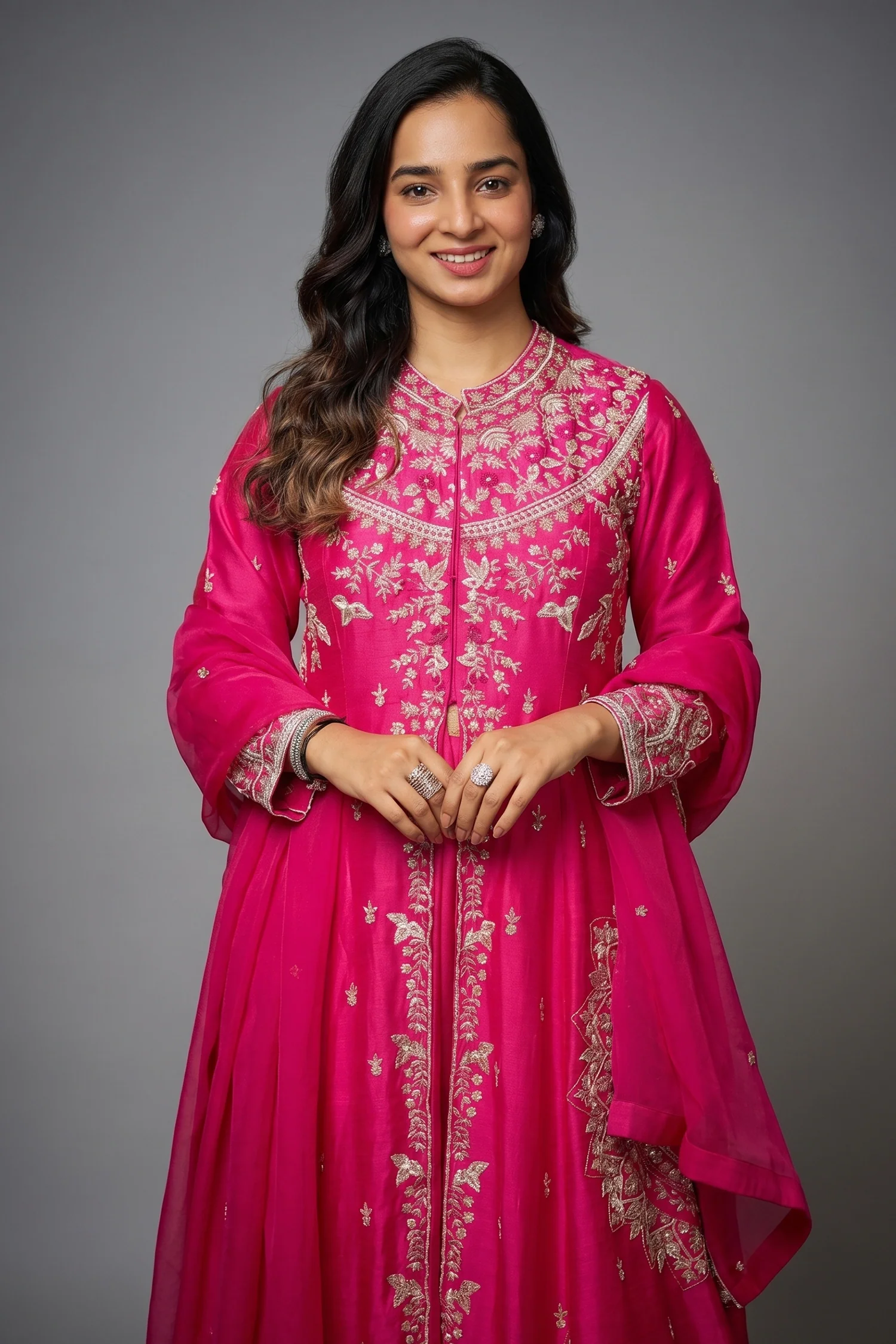 Pink Raw Silk Beaded High Slit Cut Palazzo Suit - Image 2