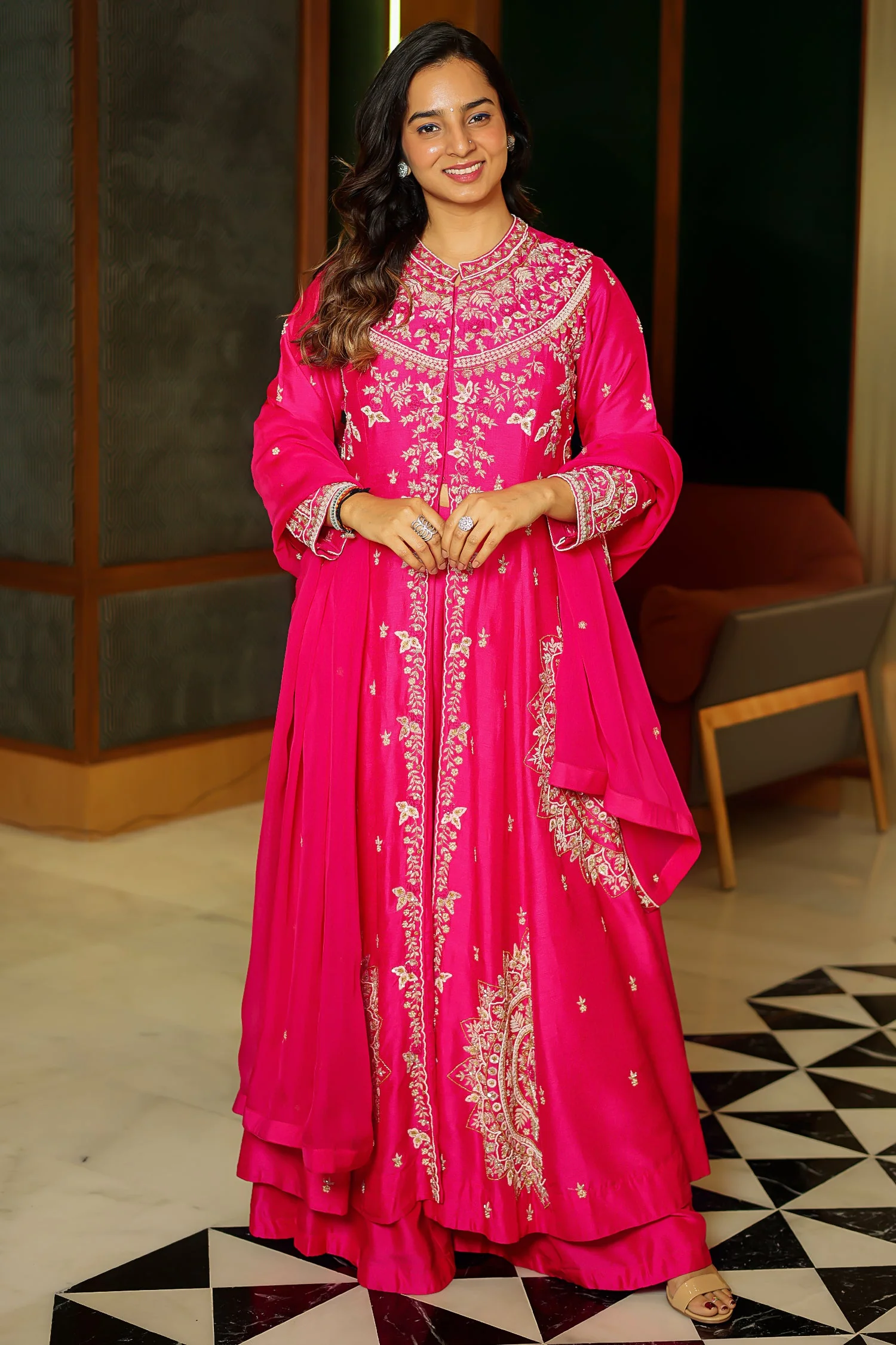 Pink Raw Silk Beaded High Slit Cut Palazzo Suit - Image 3