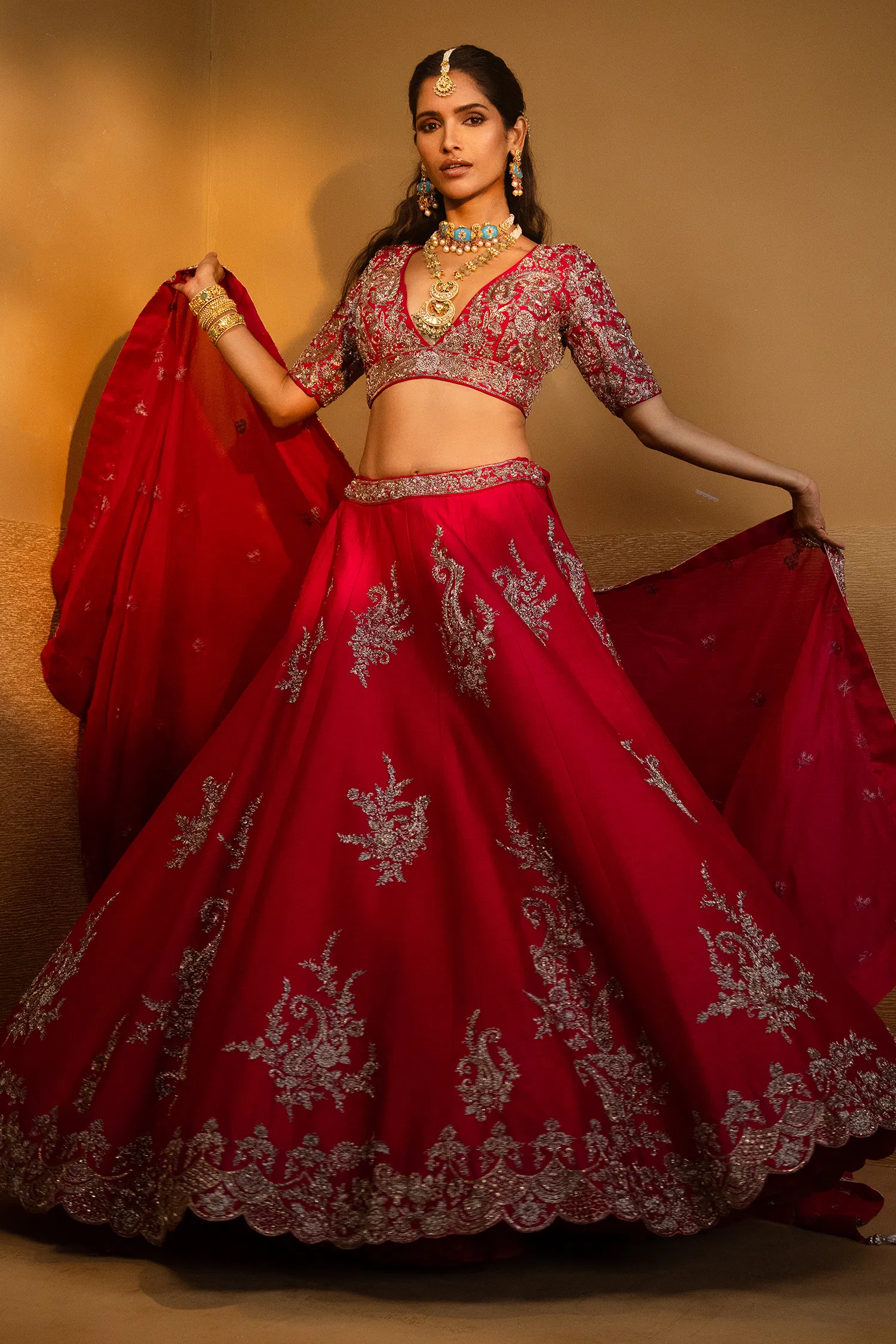 Pink Raw Silk Designer Heavy Patch Work Lehenga with Deep V Neck Blouse - Image 2