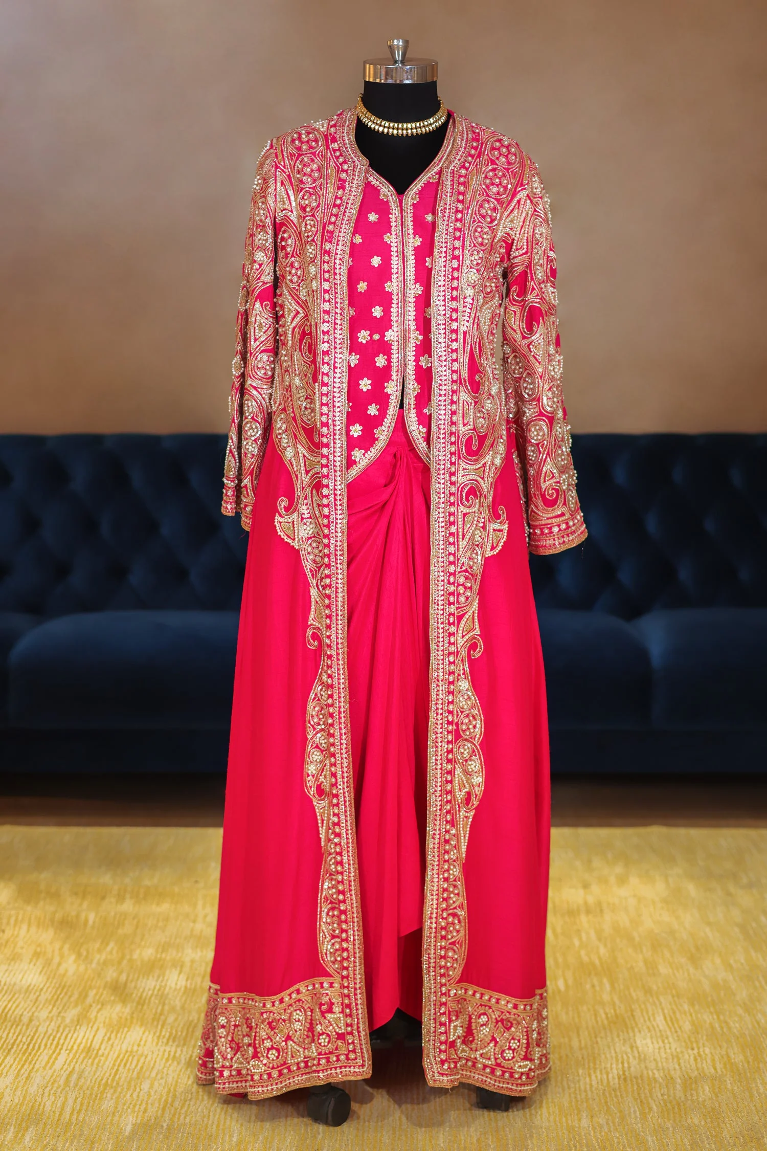Pink Raw Silk Designer Heavy Worked Crop Top Jacket with Pleated Dhoti Skirt - Image 3