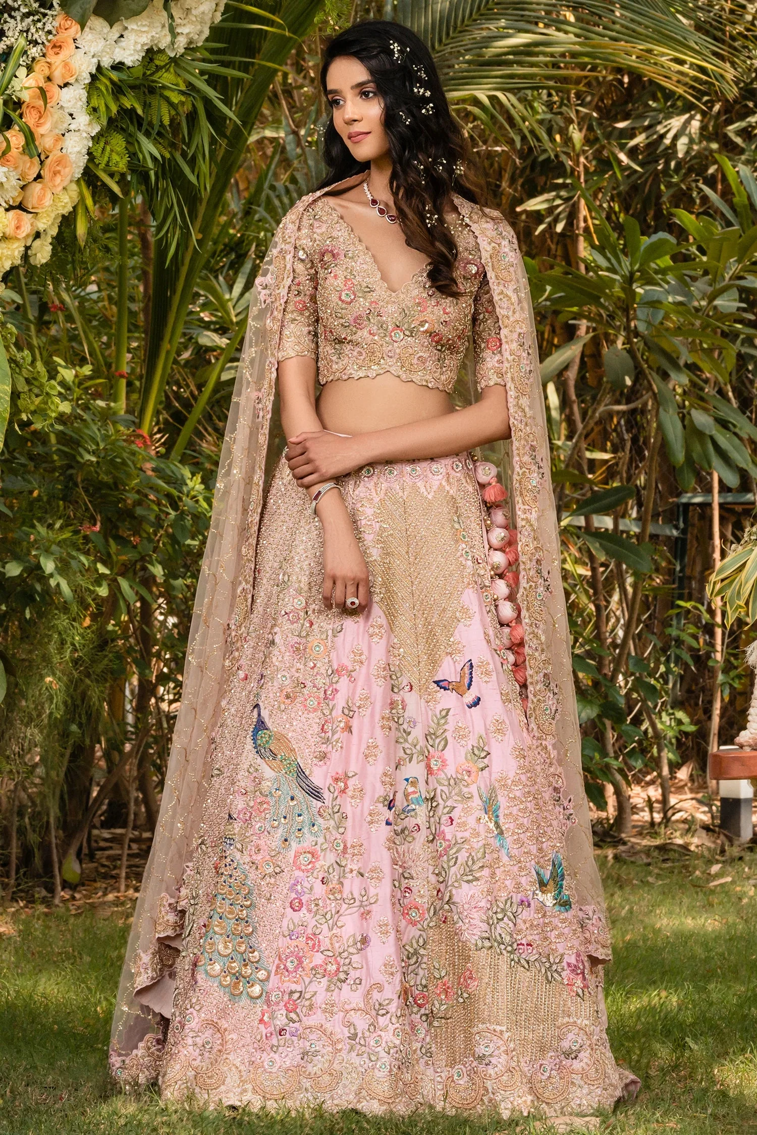 Pink Raw Silk Floral and Peacock Motifs Embroidered Lehenga - Image 2