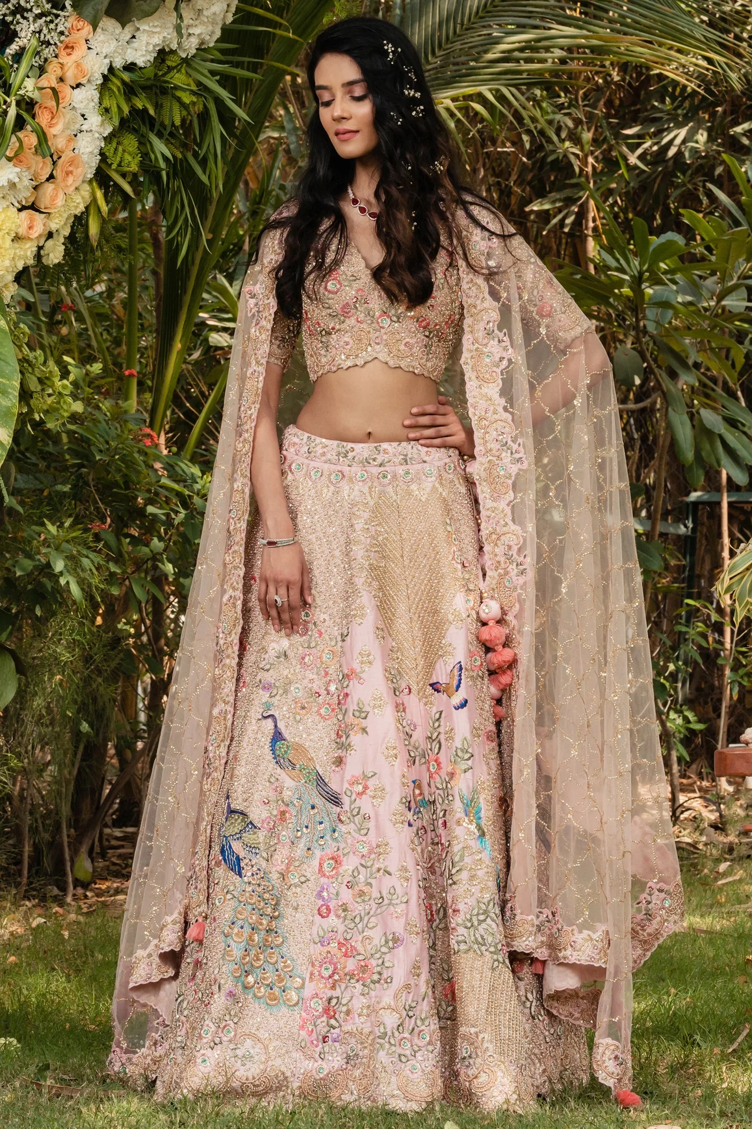 Pink Raw Silk Floral and Peacock Motifs Embroidered Lehenga - Image 3