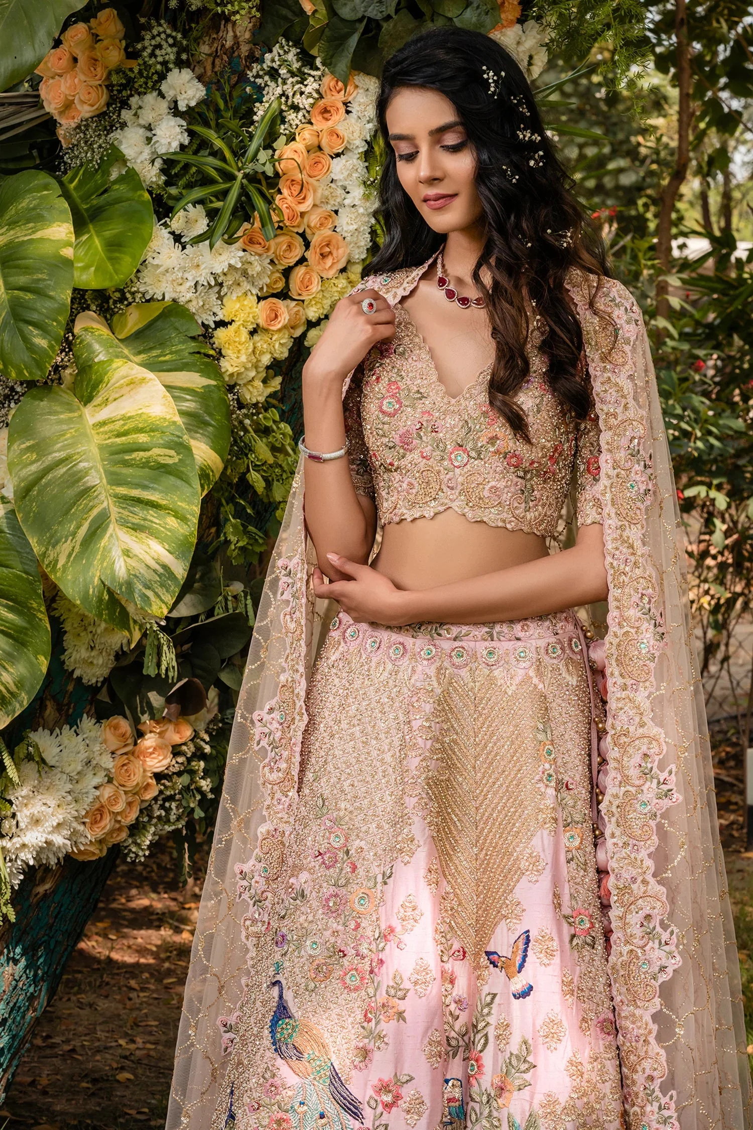 Pink Raw Silk Floral and Peacock Motifs Embroidered Lehenga - Image 4