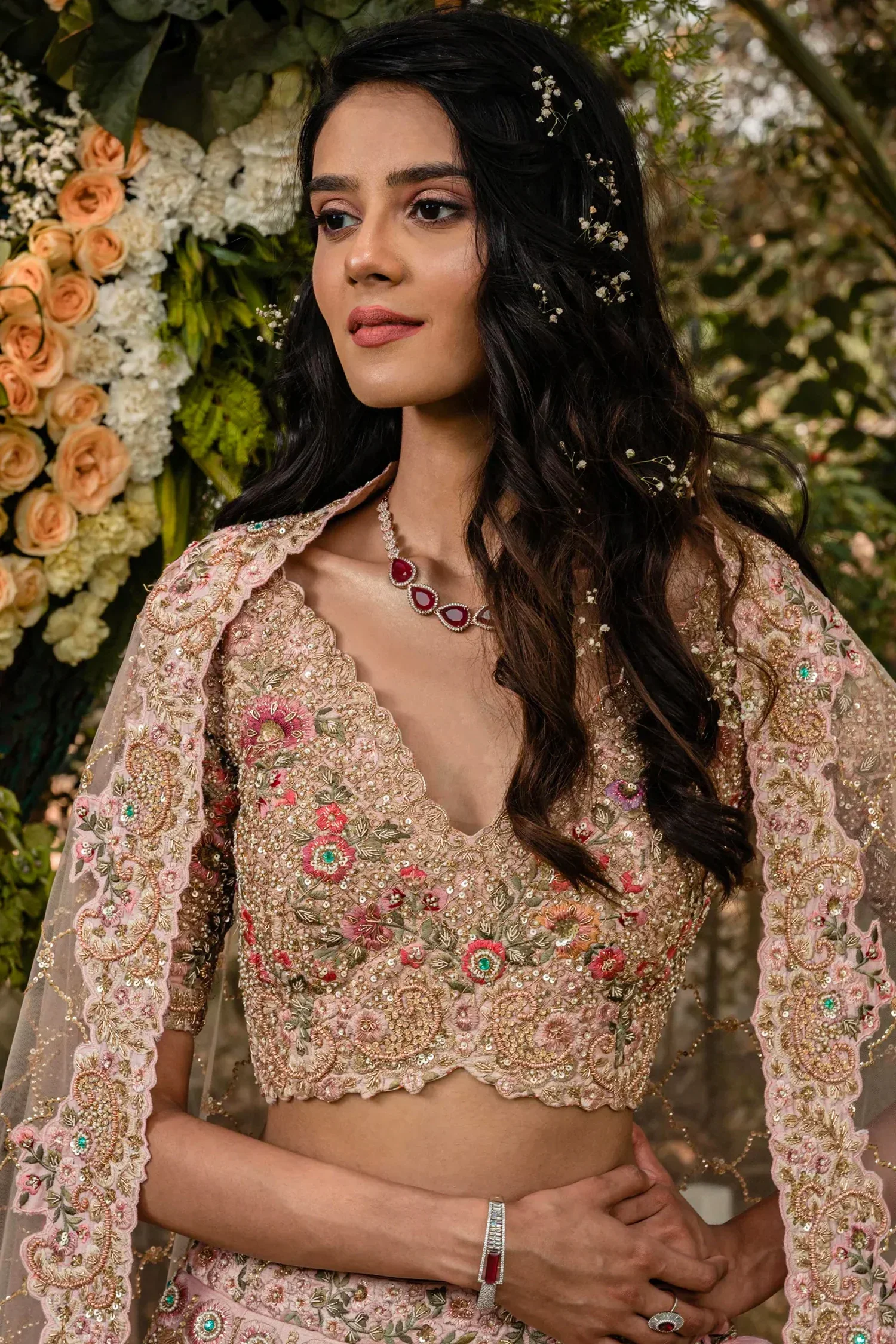 Pink Raw Silk Floral and Peacock Motifs Embroidered Lehenga - Image 5