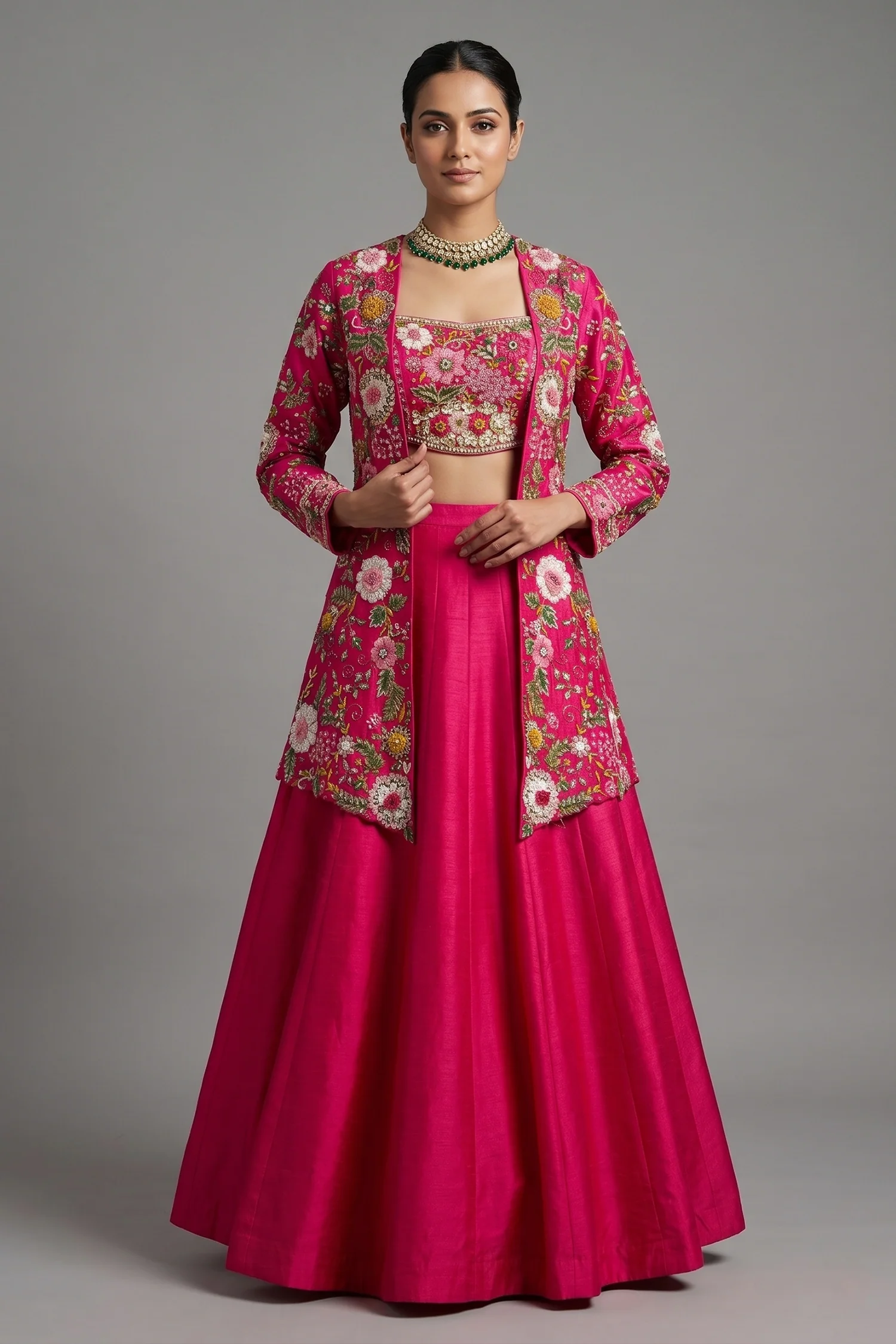 Pink Raw Silk Floral Embroidered and Beads Work Crop Top Lehenga with Jacket
