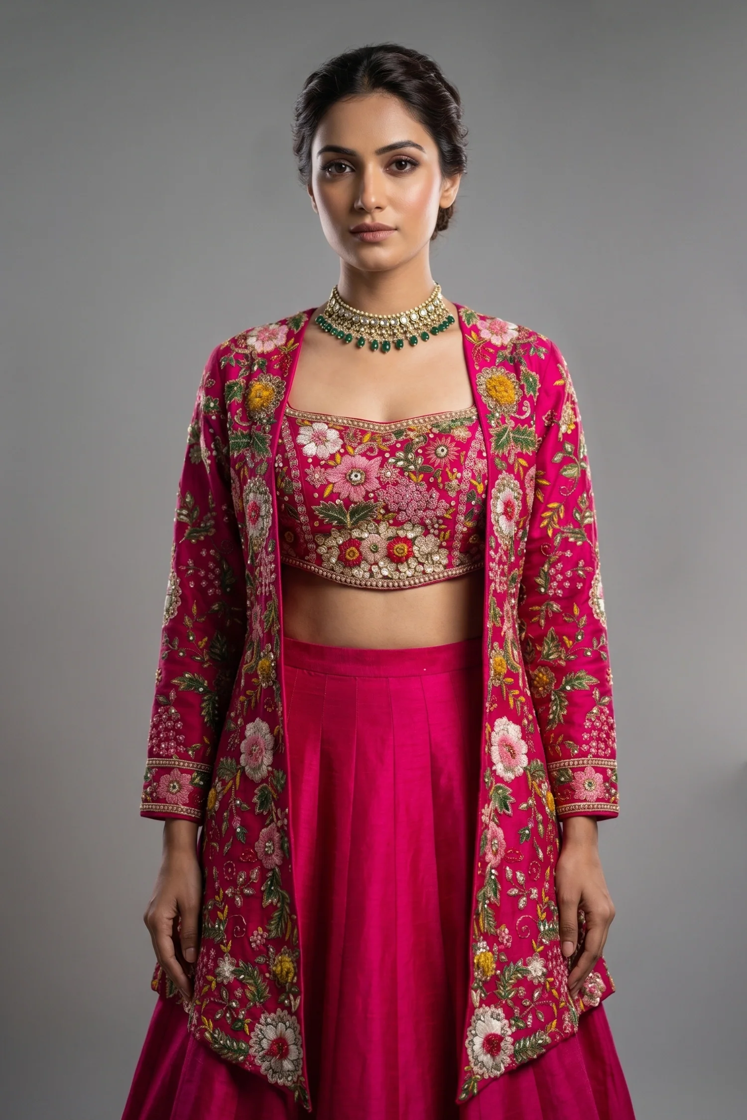 Pink Raw Silk Floral Embroidered and Beads Work Crop Top Lehenga with Jacket - Image 2