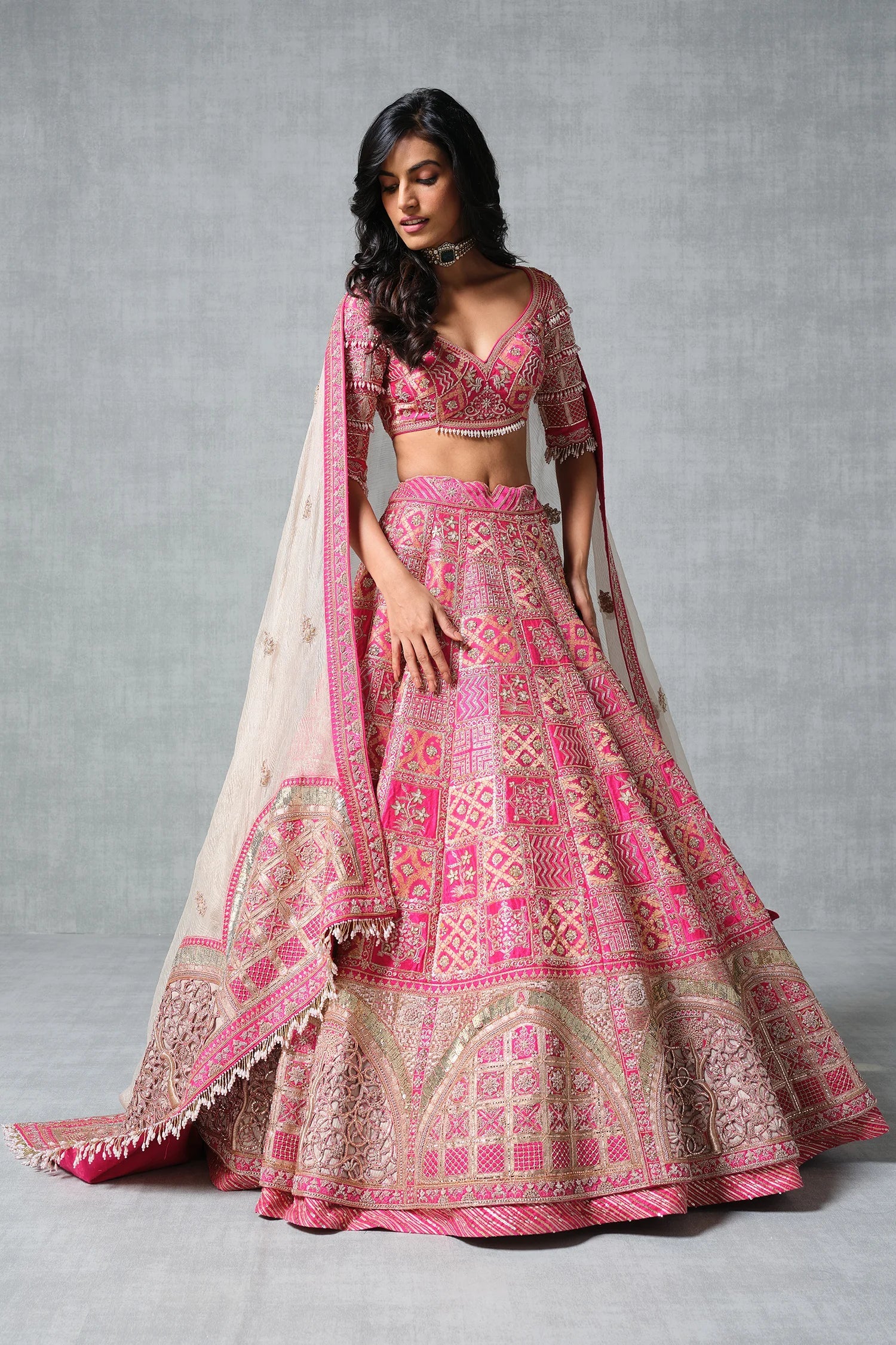Pink Raw Silk Traditional Lehenga with Sidi Saiyyed Jali Inspired Border - Image 2