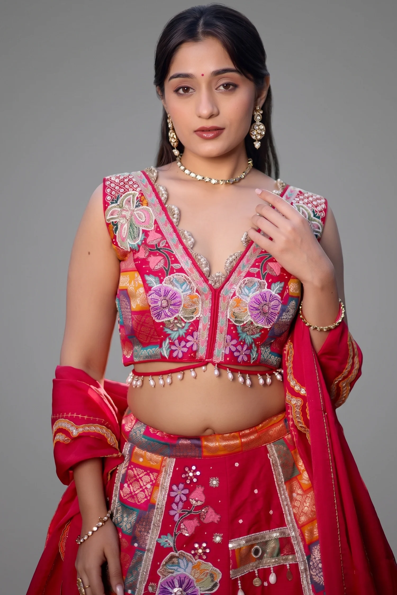 Pink Raw Silk Woven Lehenga with Mirror and Bead Work - Image 2