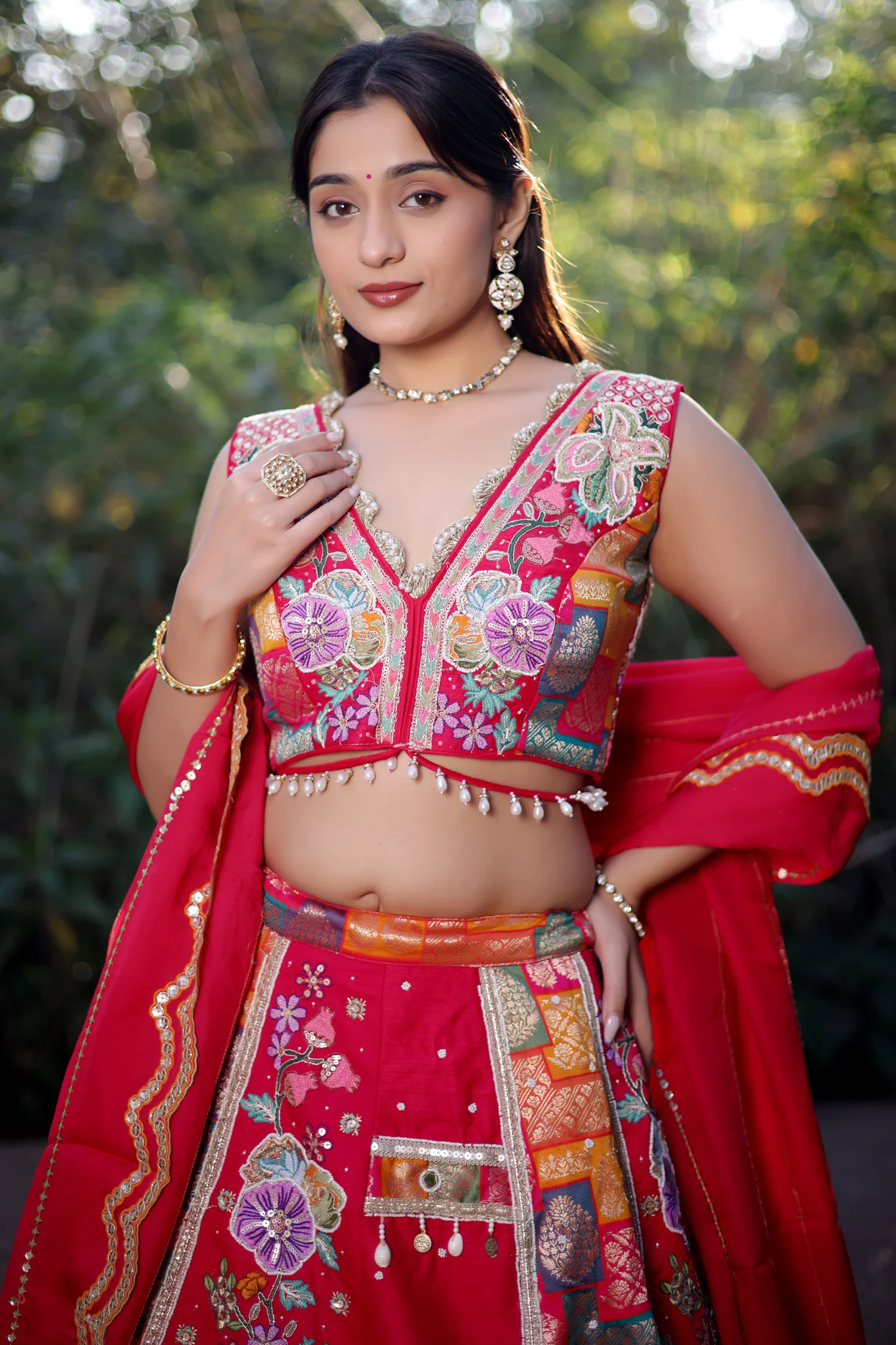 Pink Raw Silk Woven Lehenga with Mirror and Bead Work - Image 3