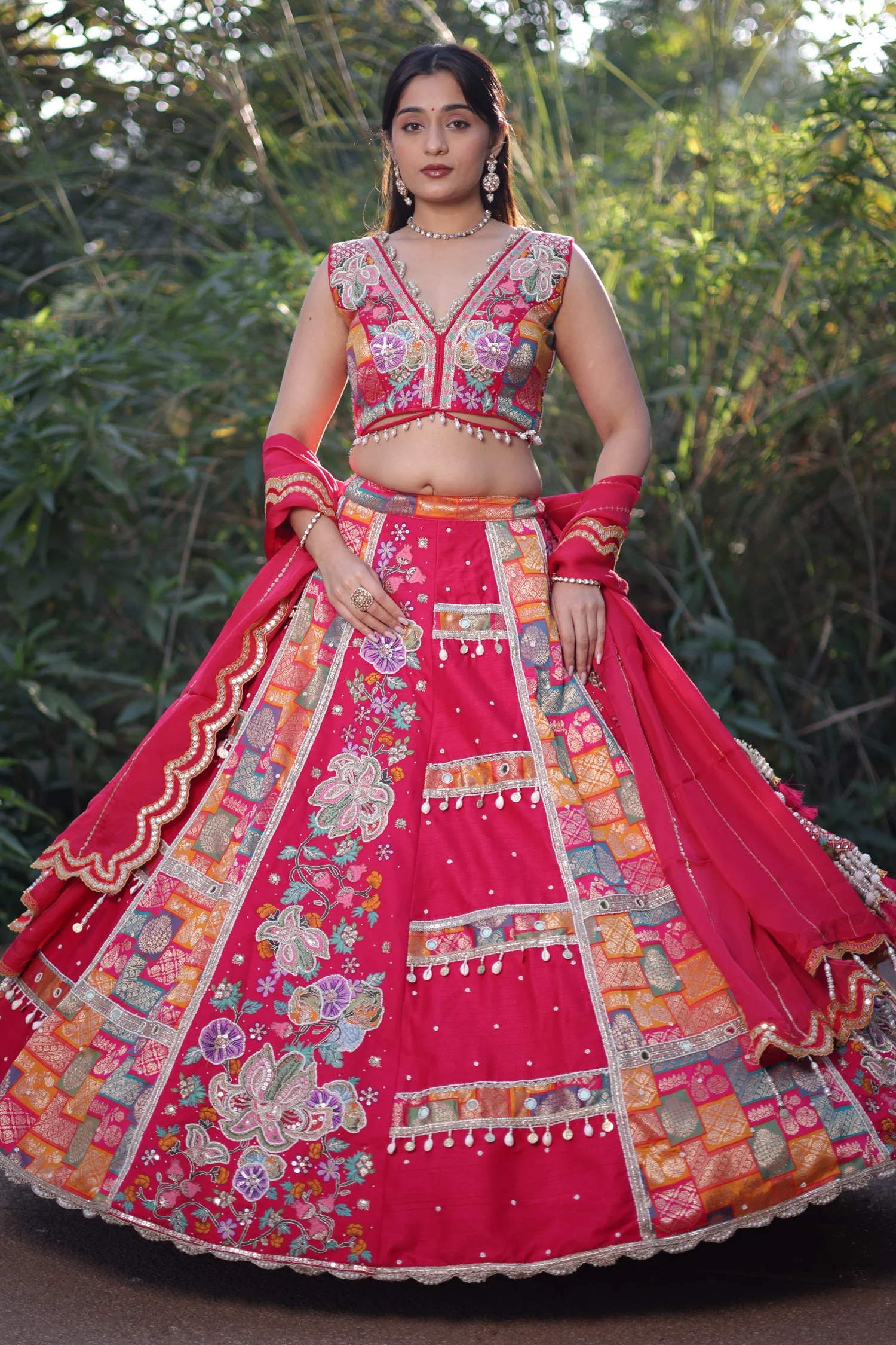 Pink Raw Silk Woven Lehenga with Mirror and Bead Work - Image 4
