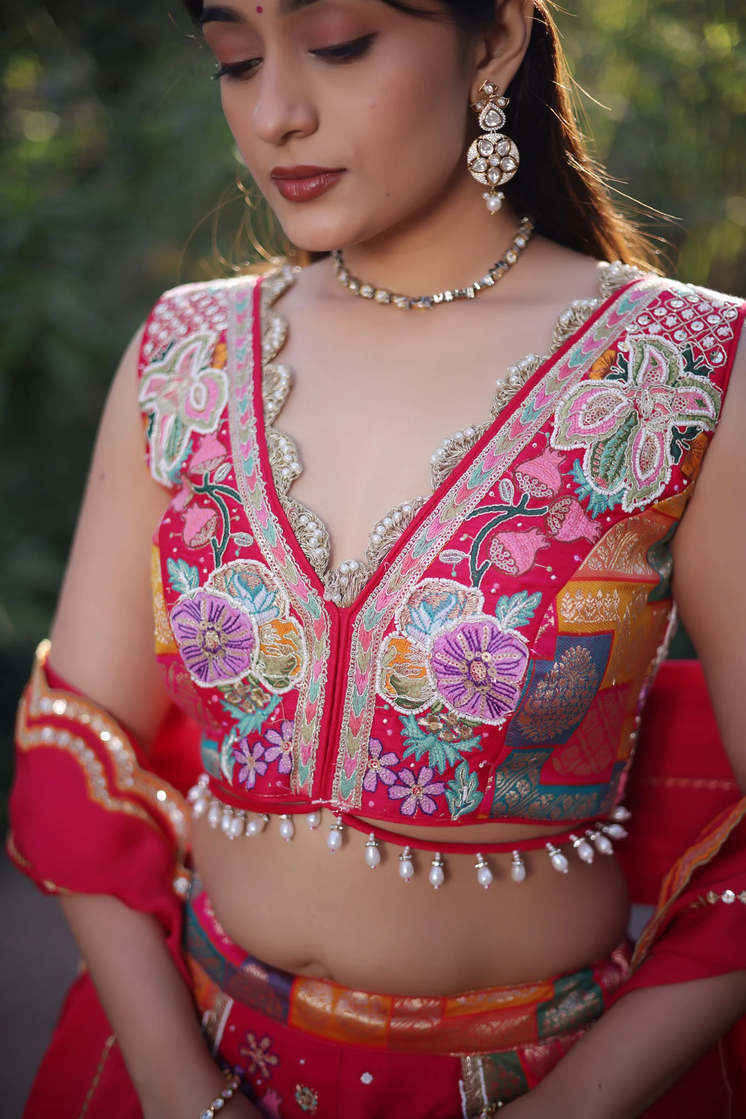 Pink Raw Silk Woven Lehenga with Mirror and Bead Work - Image 5