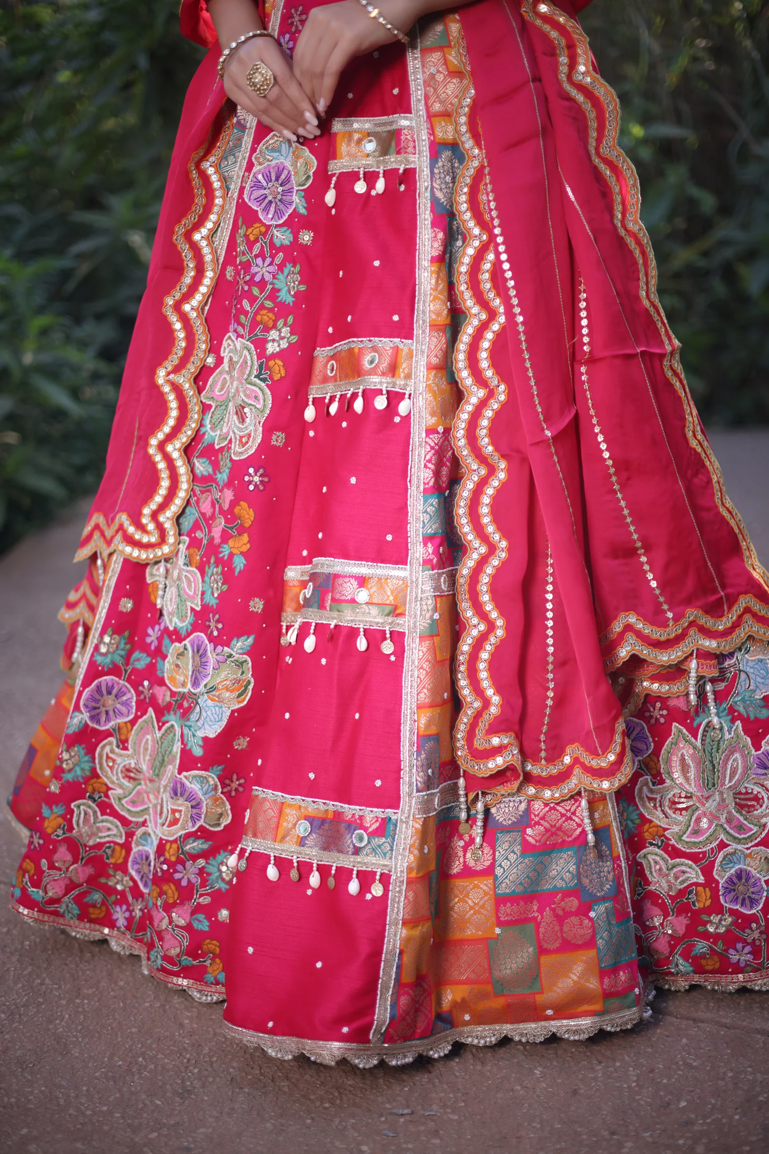 Pink Raw Silk Woven Lehenga with Mirror and Bead Work - Image 6