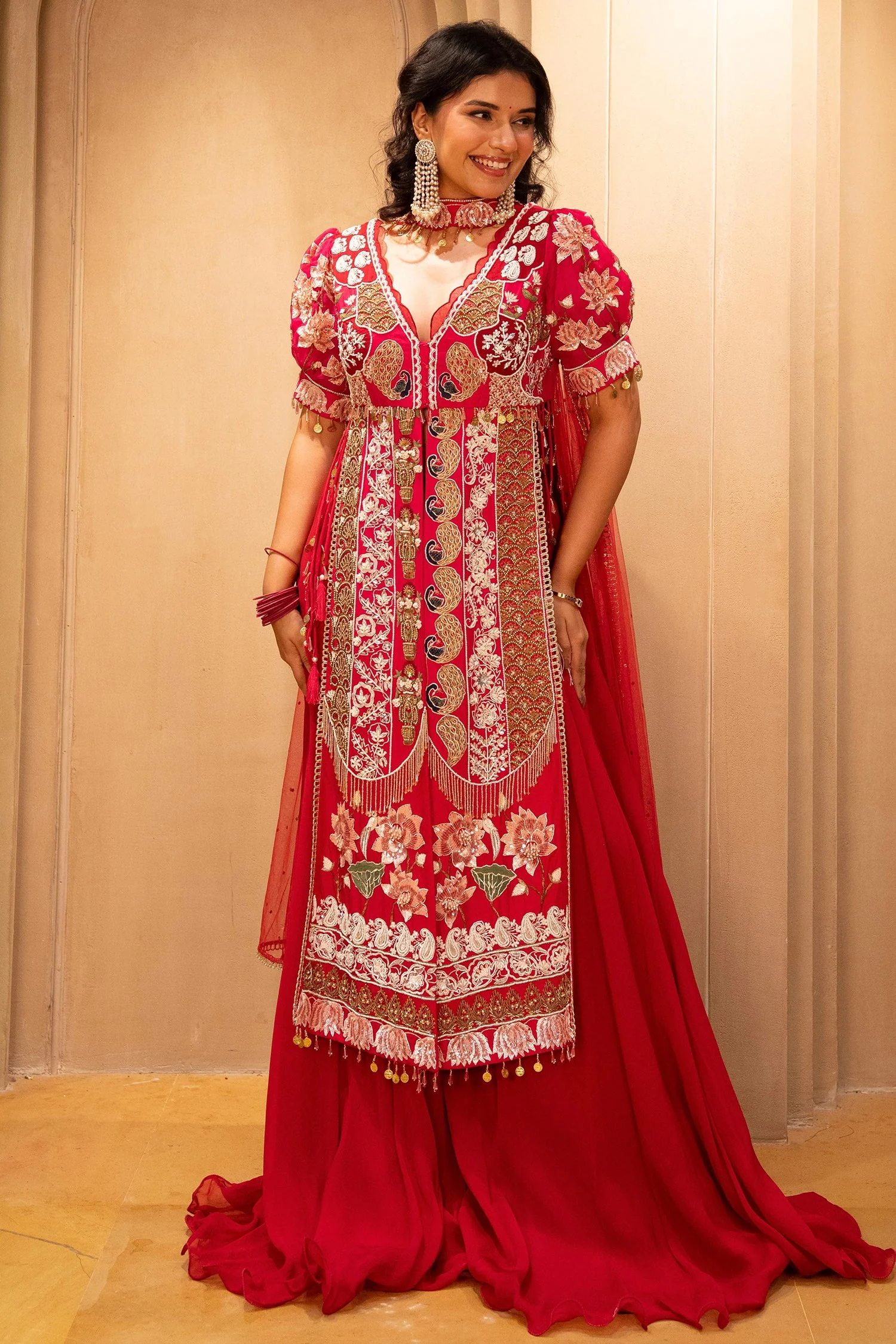 Pink Satin Organza Handworked Designer Palazzo Set - Image 3