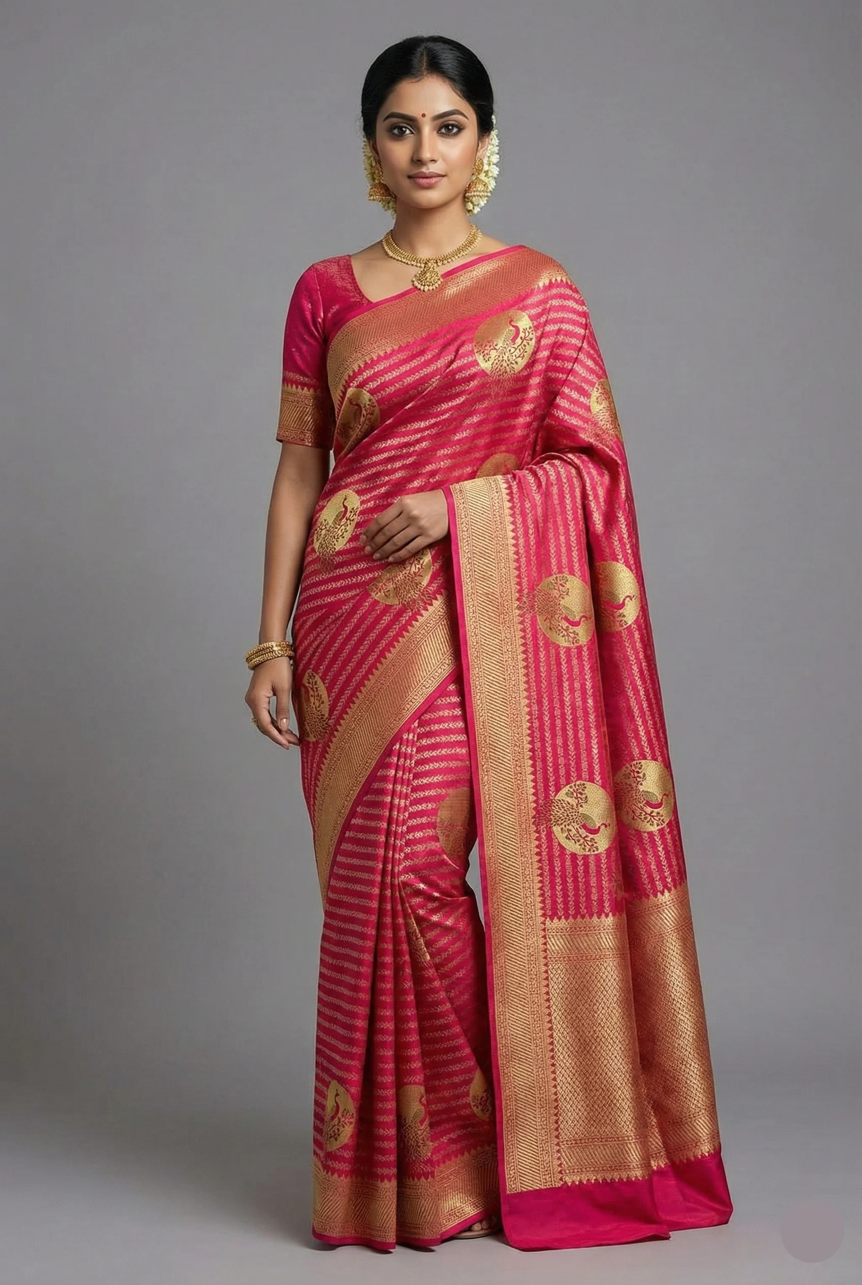 Pink Satin Shimmer Peacock Motifs Woven Butta Saree