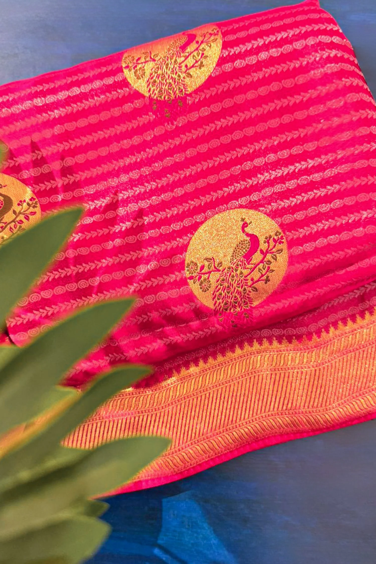 Pink Satin Shimmer Peacock Motifs Woven Butta Saree - Image 2
