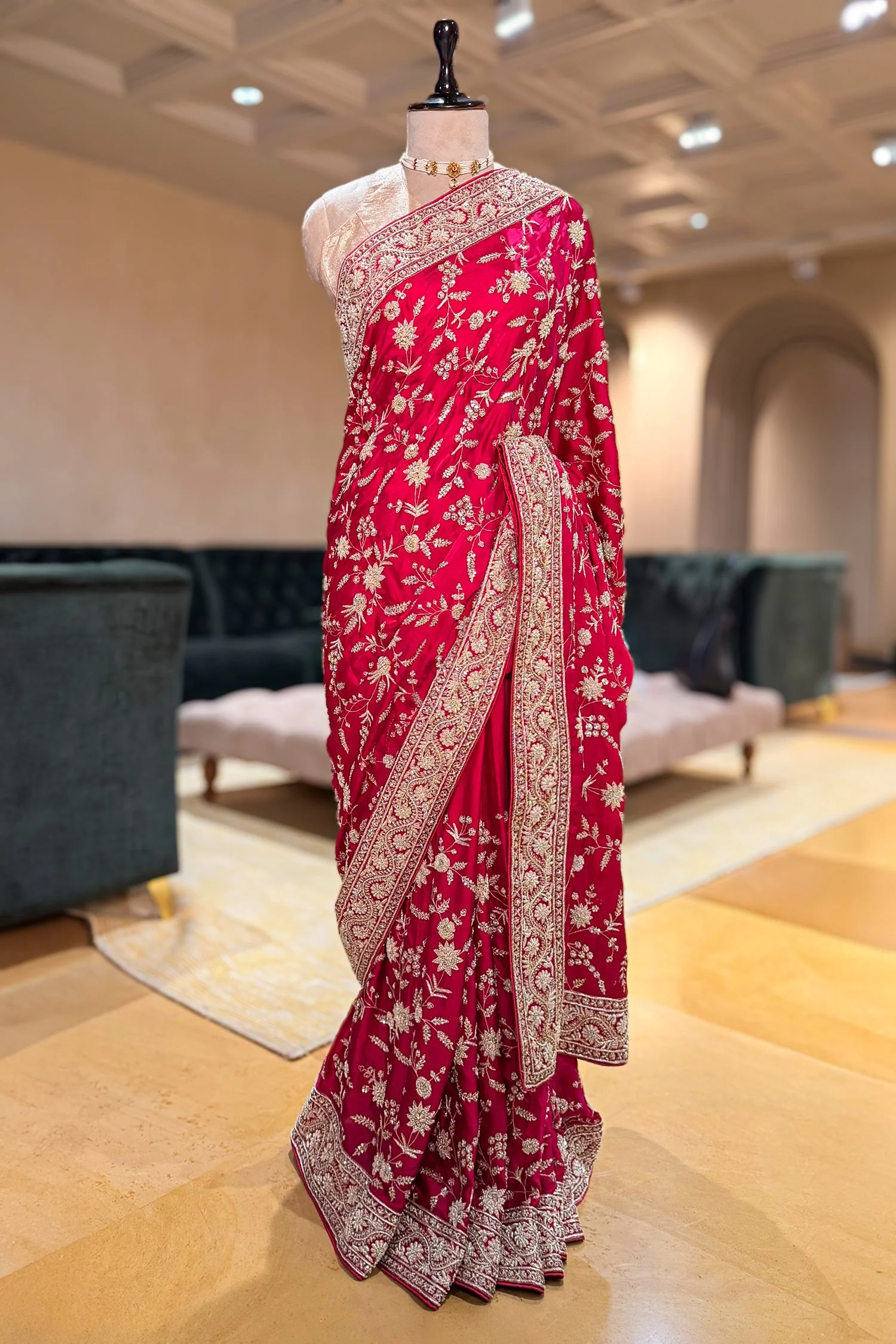 Pink Satin Silk Designer Zardosi and Sequin Worked Saree - Image 3