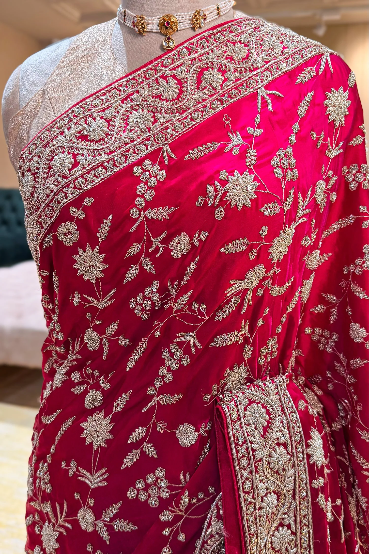 Pink Satin Silk Designer Zardosi and Sequin Worked Saree - Image 5