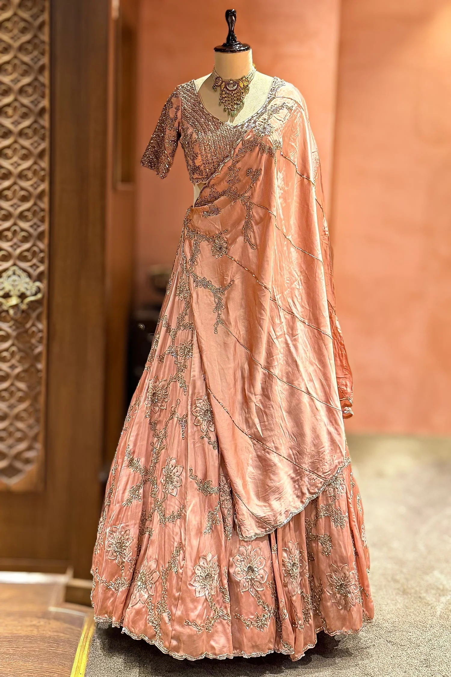 Pink Satin Silk Embroidered Designer Lehenga - Image 3