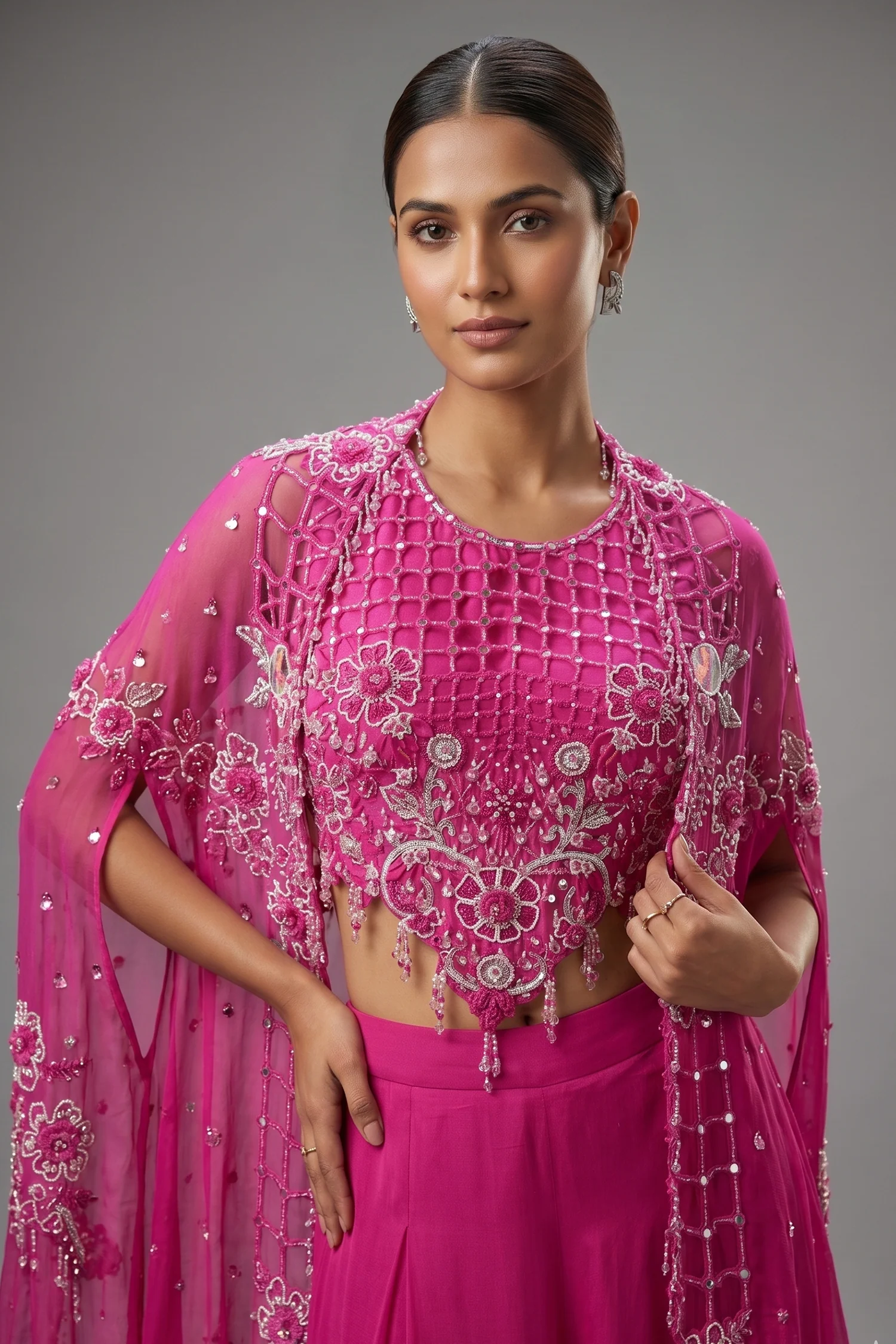 Pink Silk Cutwork Mirror Beaded Crop Top Palazzo Set with Jacket - Image 2
