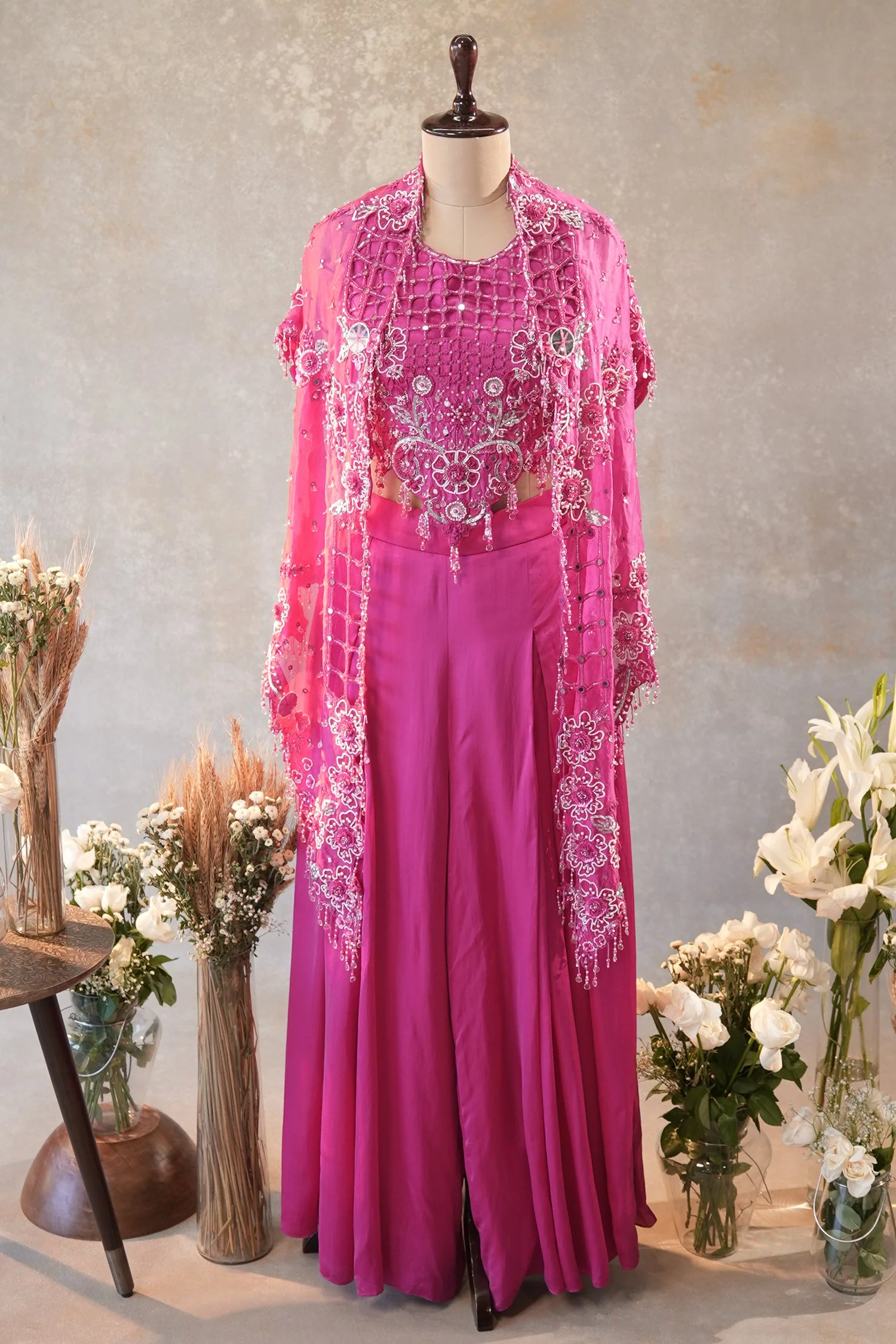 Pink Silk Cutwork Mirror Beaded Crop Top Palazzo Set with Jacket - Image 3