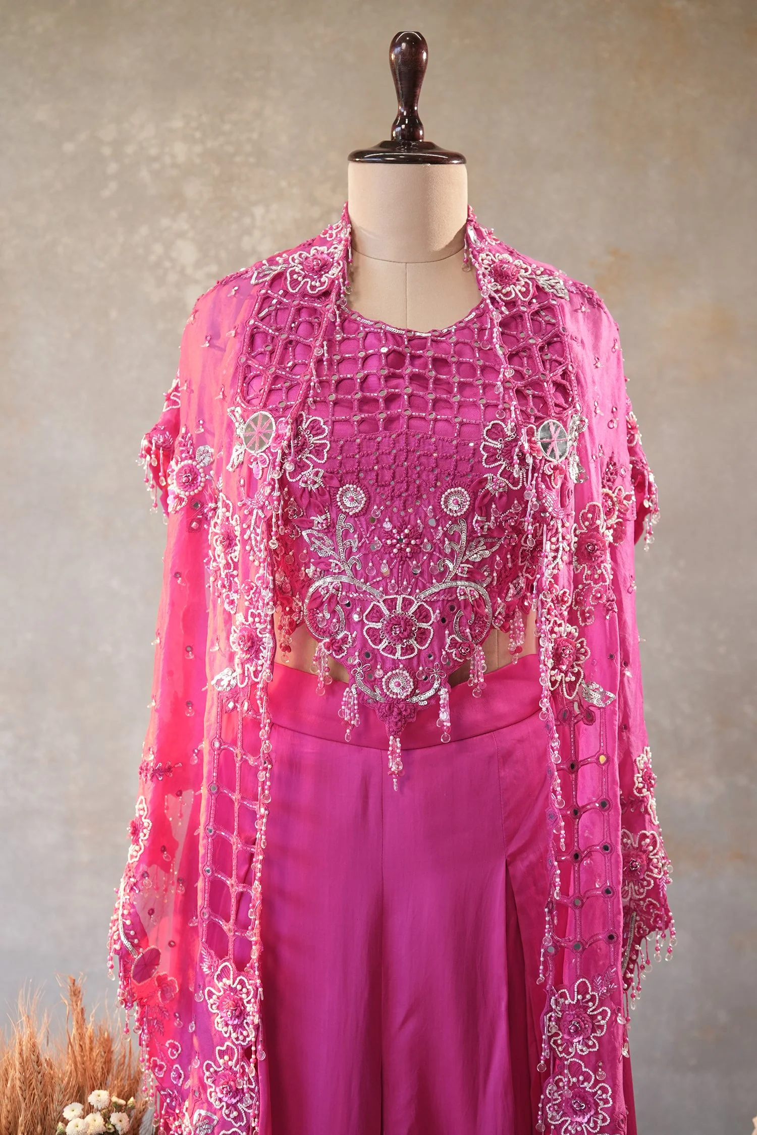 Pink Silk Cutwork Mirror Beaded Crop Top Palazzo Set with Jacket - Image 4