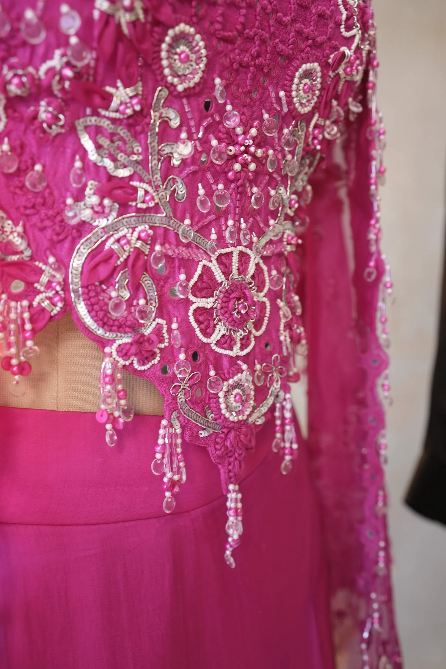Pink Silk Cutwork Mirror Beaded Crop Top Palazzo Set with Jacket - Image 5