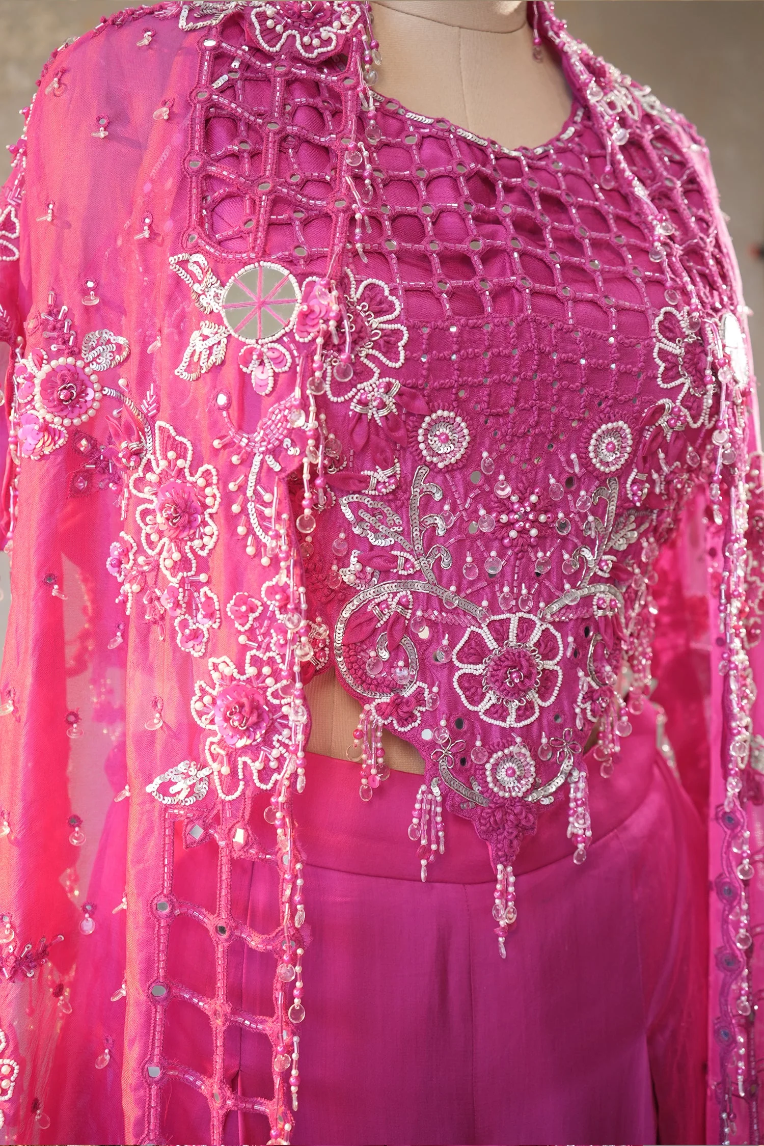 Pink Silk Cutwork Mirror Beaded Crop Top Palazzo Set with Jacket - Image 6