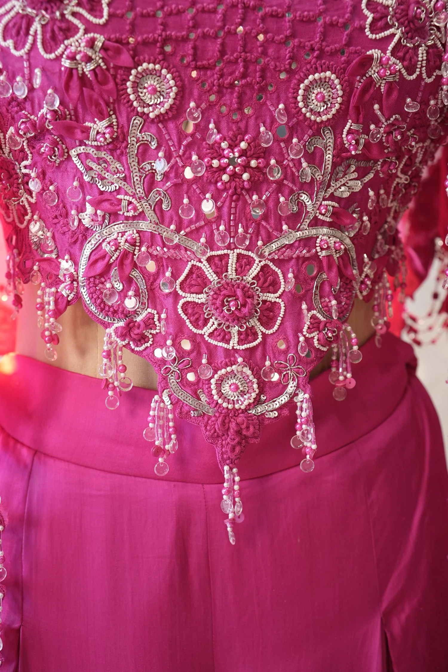Pink Silk Cutwork Mirror Beaded Crop Top Palazzo Set with Jacket - Image 7