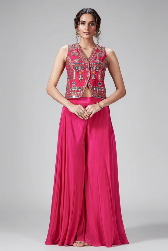 Pink Silk Embroidered and Mirror Worked Crop Top Palazzo Set with Shell Detailing