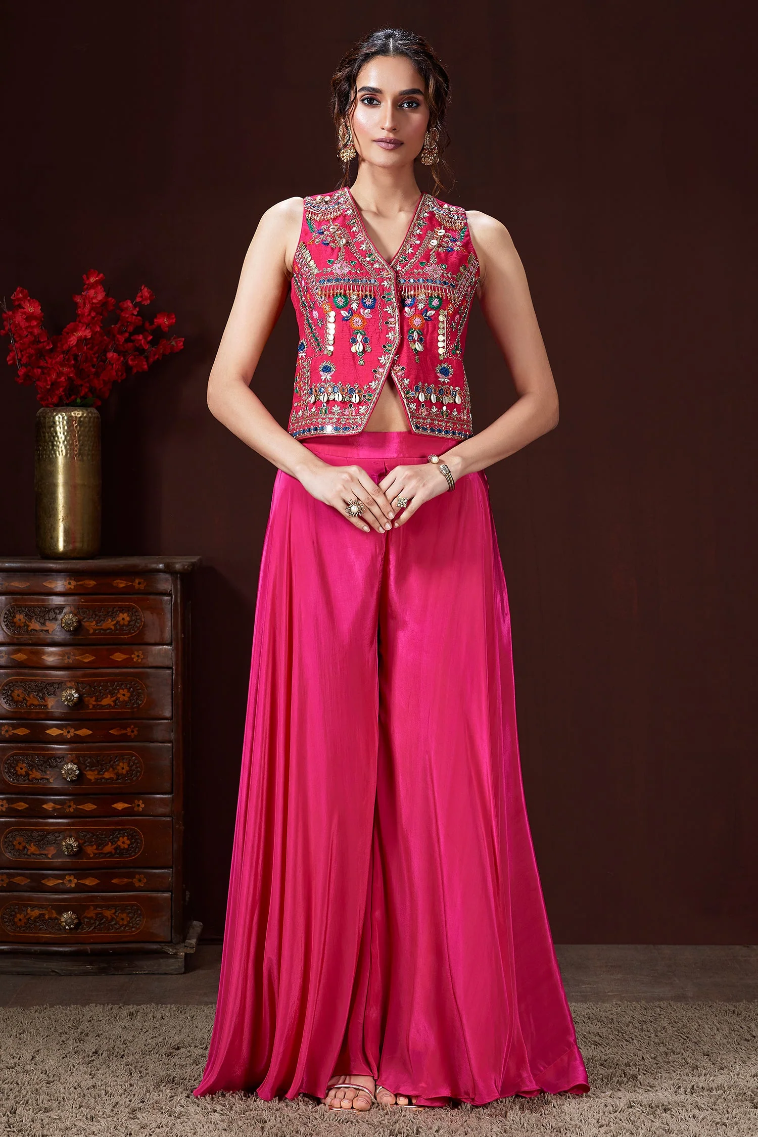 Pink Silk Embroidered and Mirror Worked Crop Top Palazzo Set with Shell Detailing - Image 2