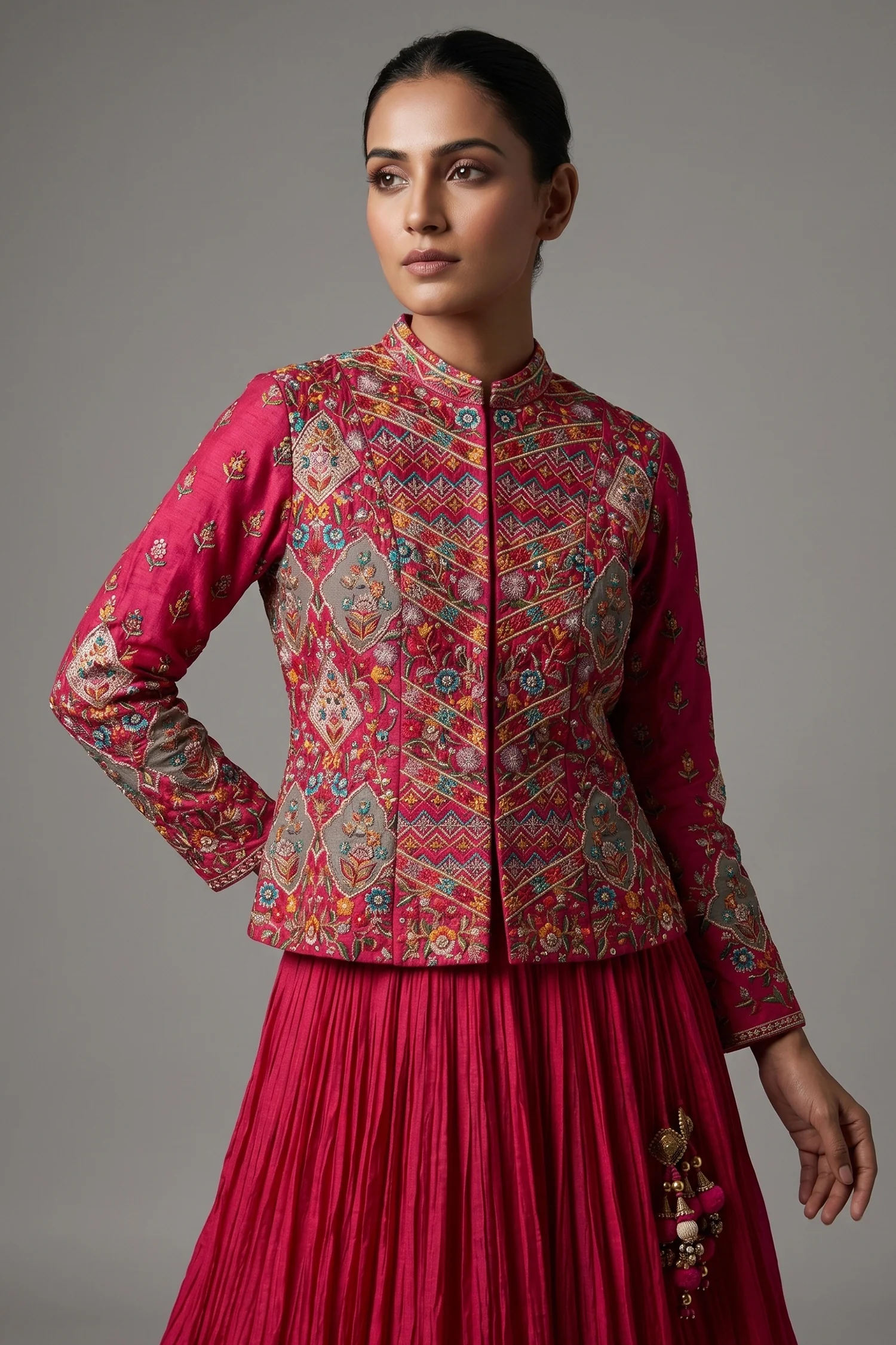 Pink Silk Floral Embroidered Top and Lehenga Set - Image 2