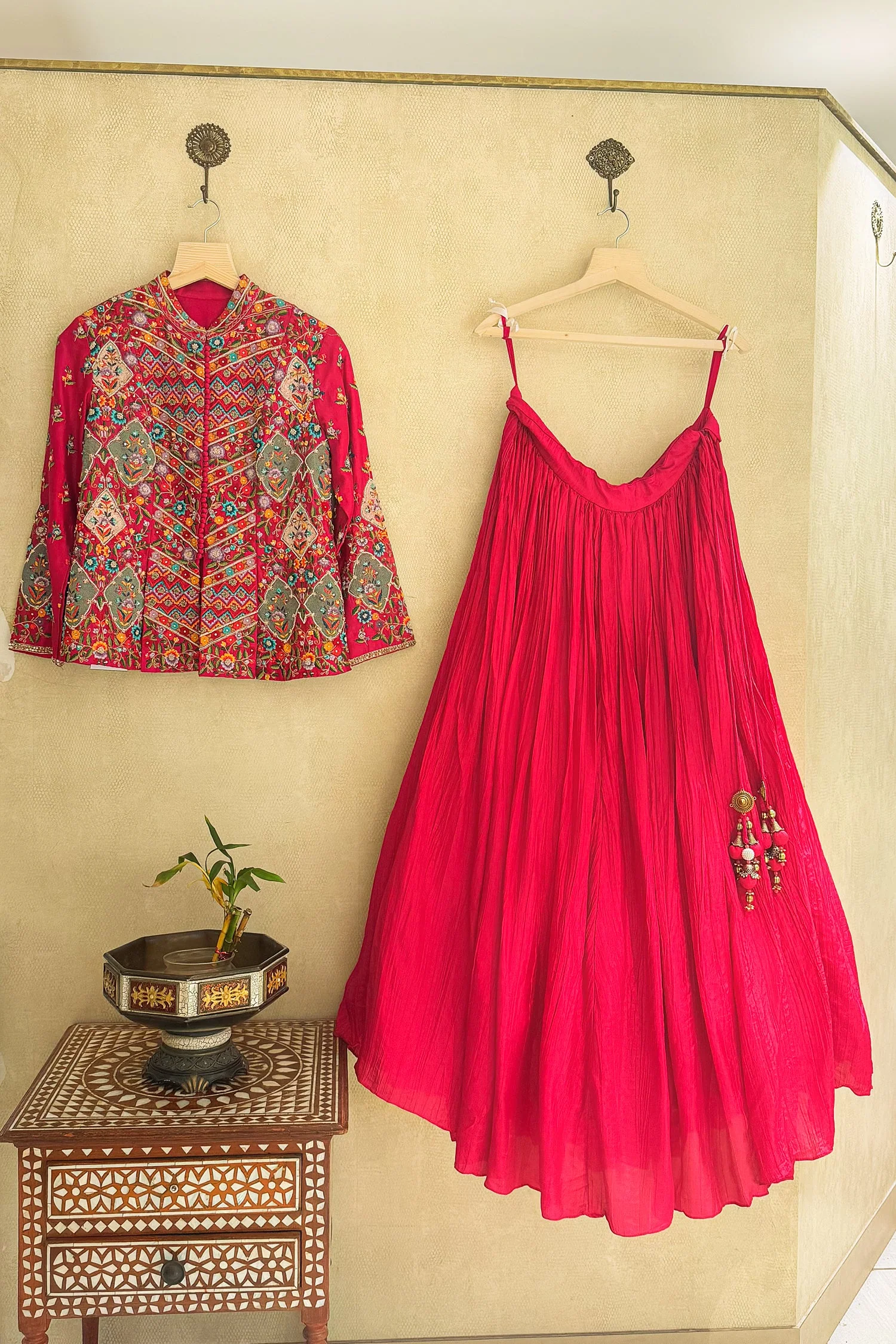 Pink Silk Floral Embroidered Top and Lehenga Set - Image 3