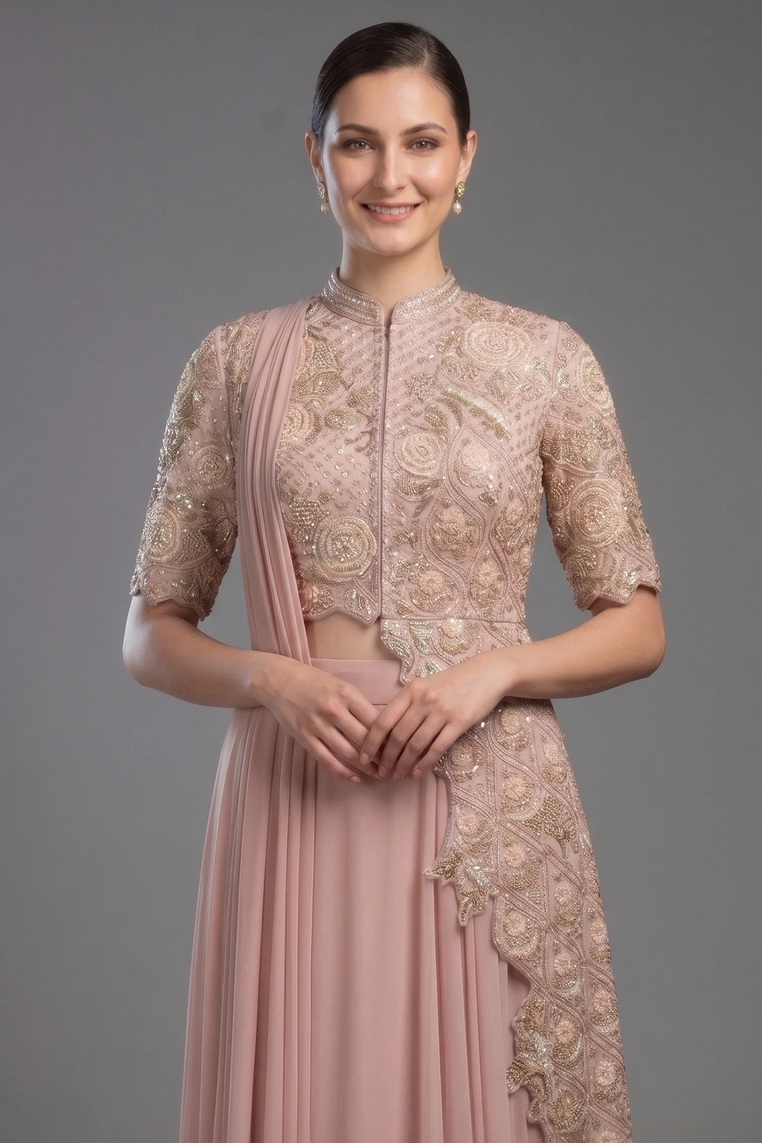 Pink Silk Mirror Cutdana Worked Pre Draped Saree with Asymmetrical Blouse - Image 2