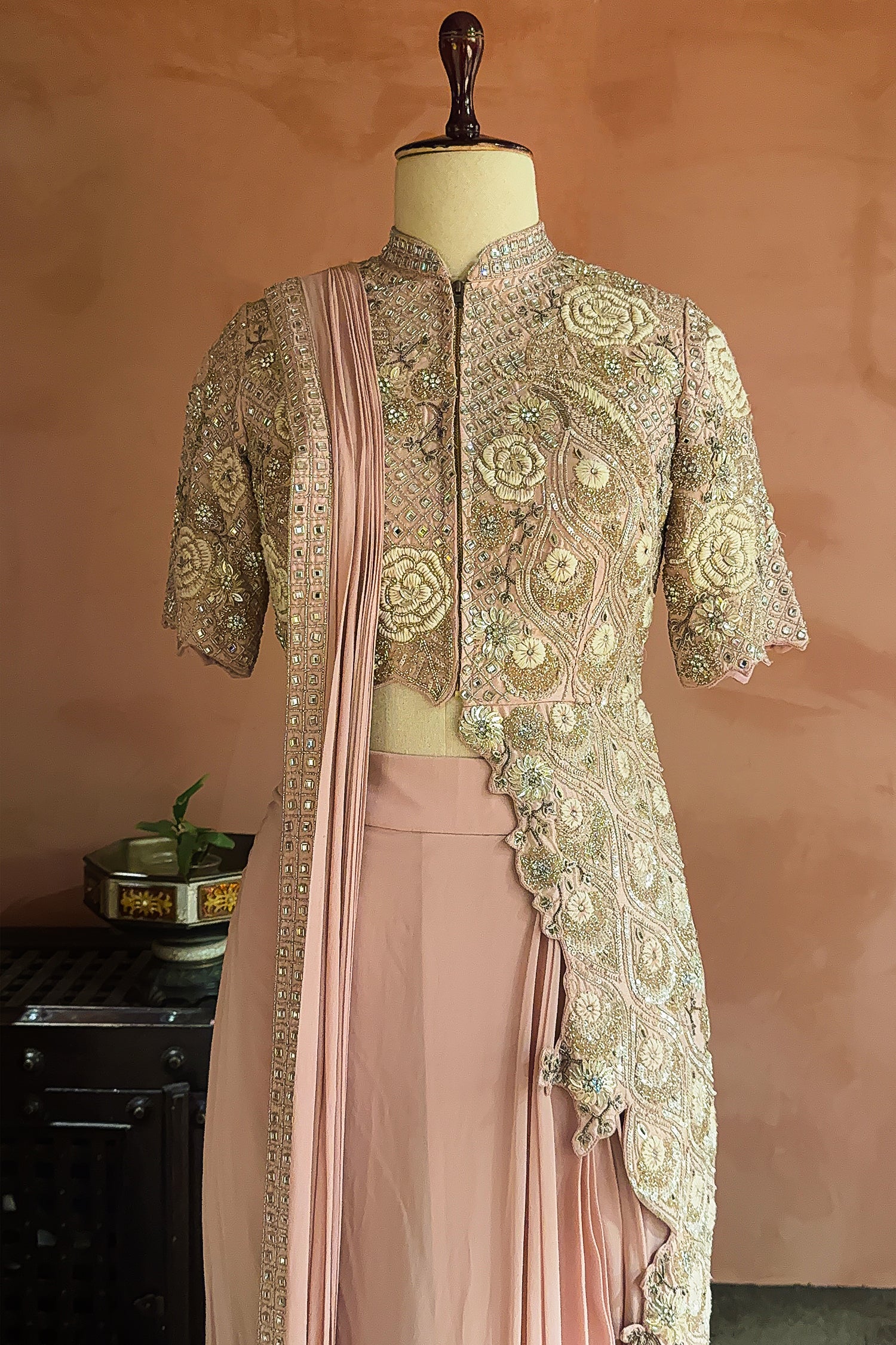 Pink Silk Mirror Cutdana Worked Pre Draped Saree with Asymmetrical Blouse - Image 4