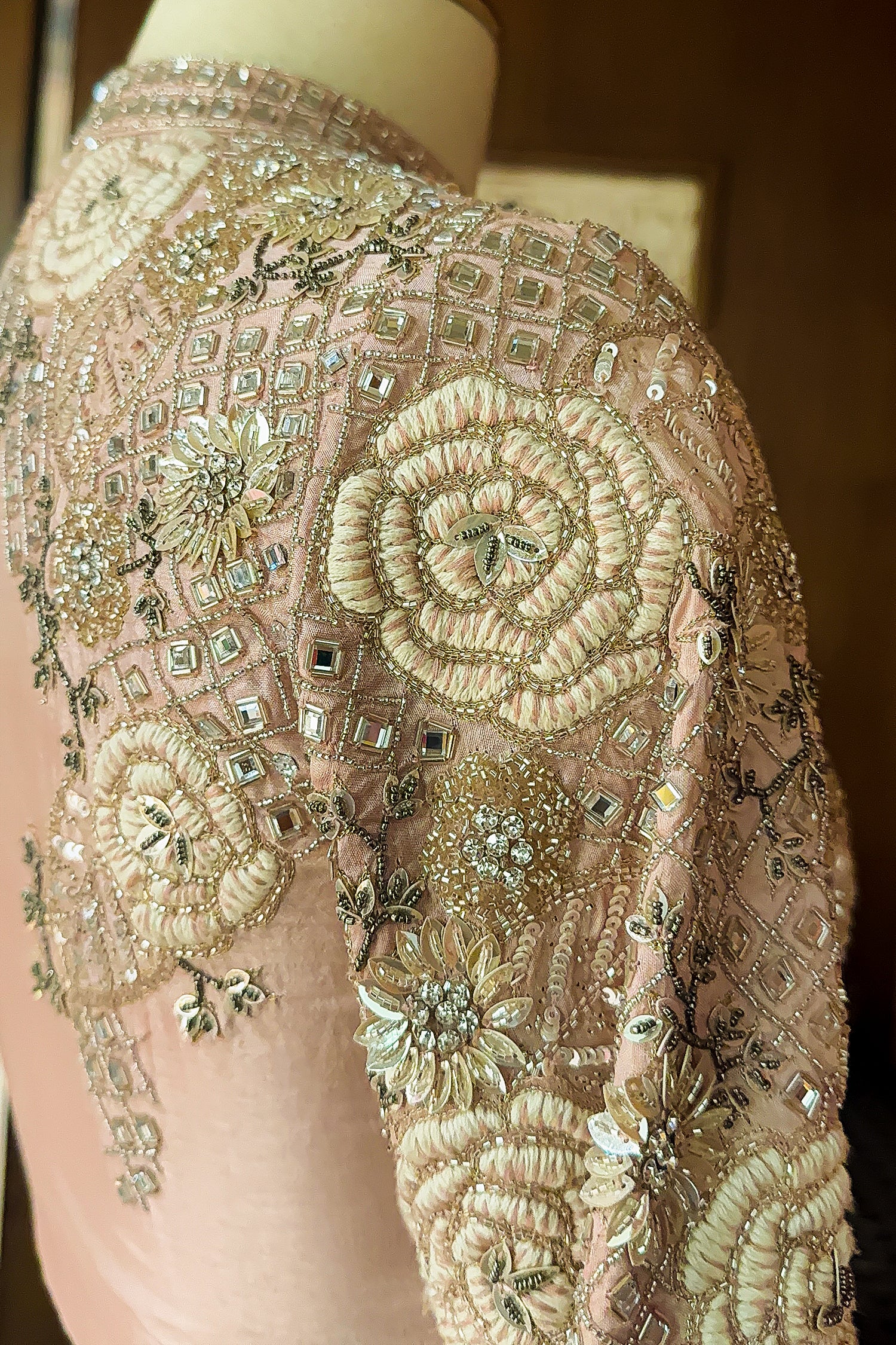 Pink Silk Mirror Cutdana Worked Pre Draped Saree with Asymmetrical Blouse - Image 5