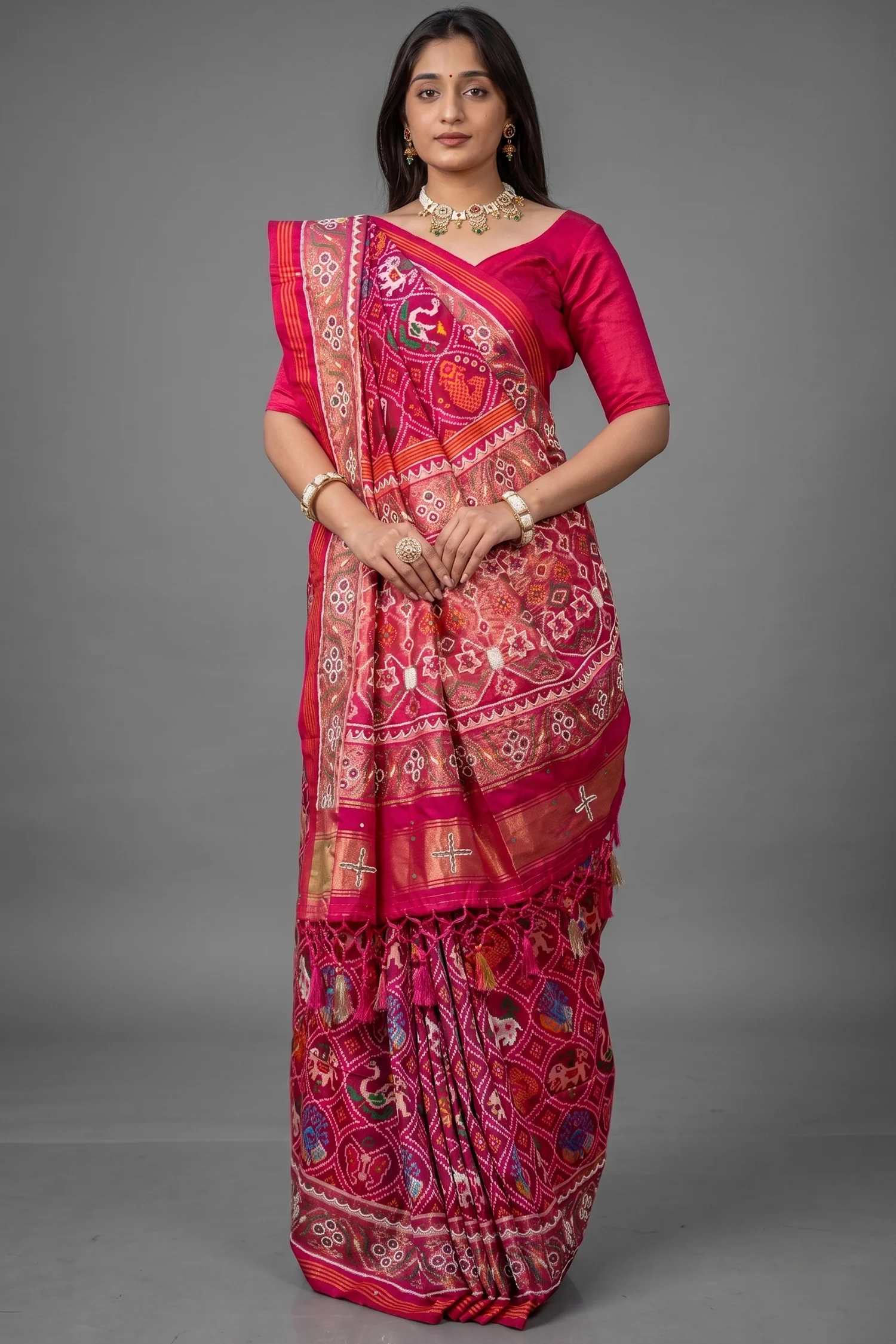 Pink Silk Traditional Patola Saree with Bead Work